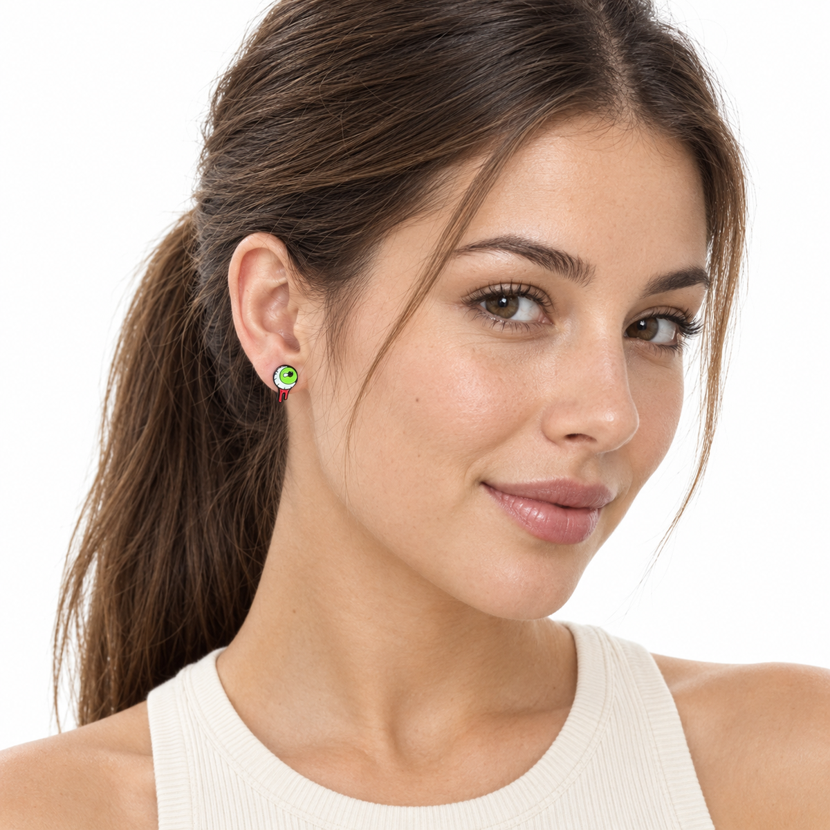 Green Eyeball Clip-On Earrings for Girls, worn by a model
