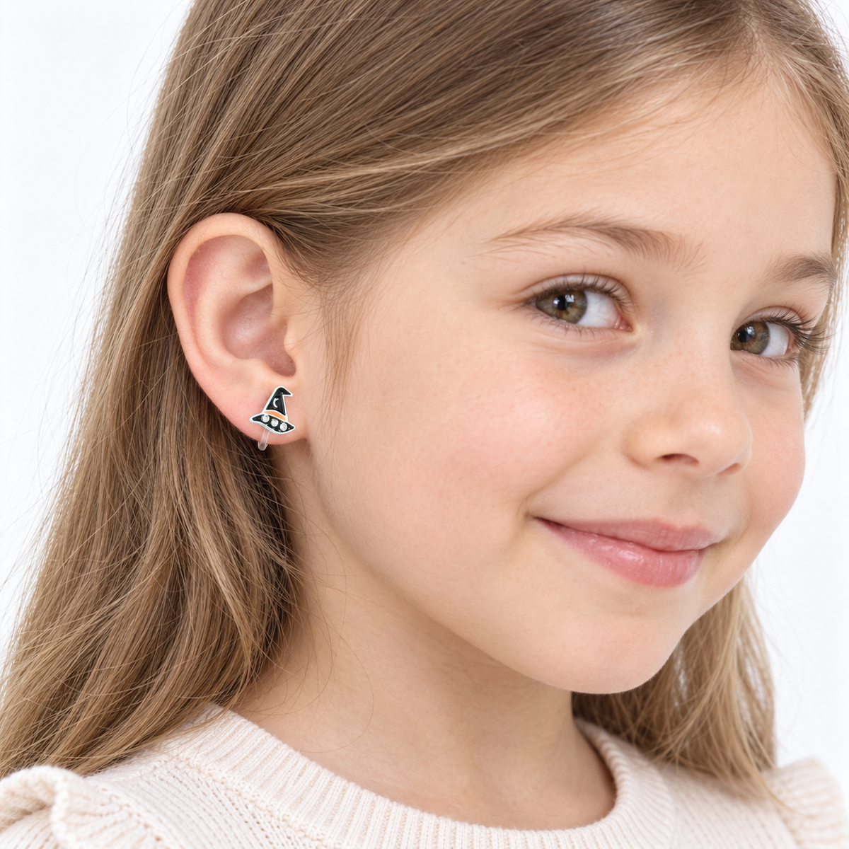 Sparkling Witch Hat Clip-On Earrings for Girls, worn on the ear, close-up