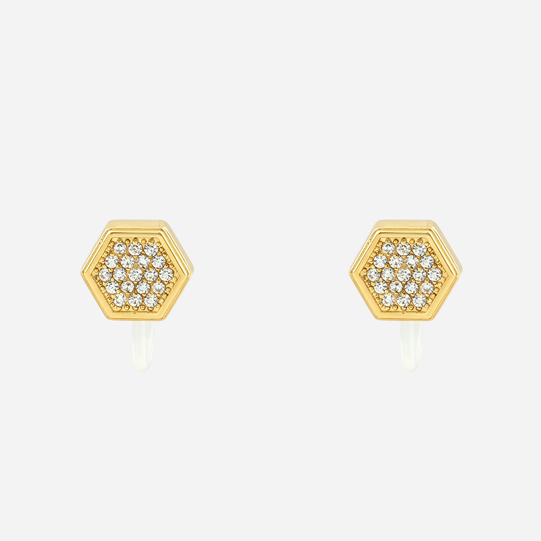 Gold hexagon crystal clip-on stud earrings with invisible resin clips | SOMIY