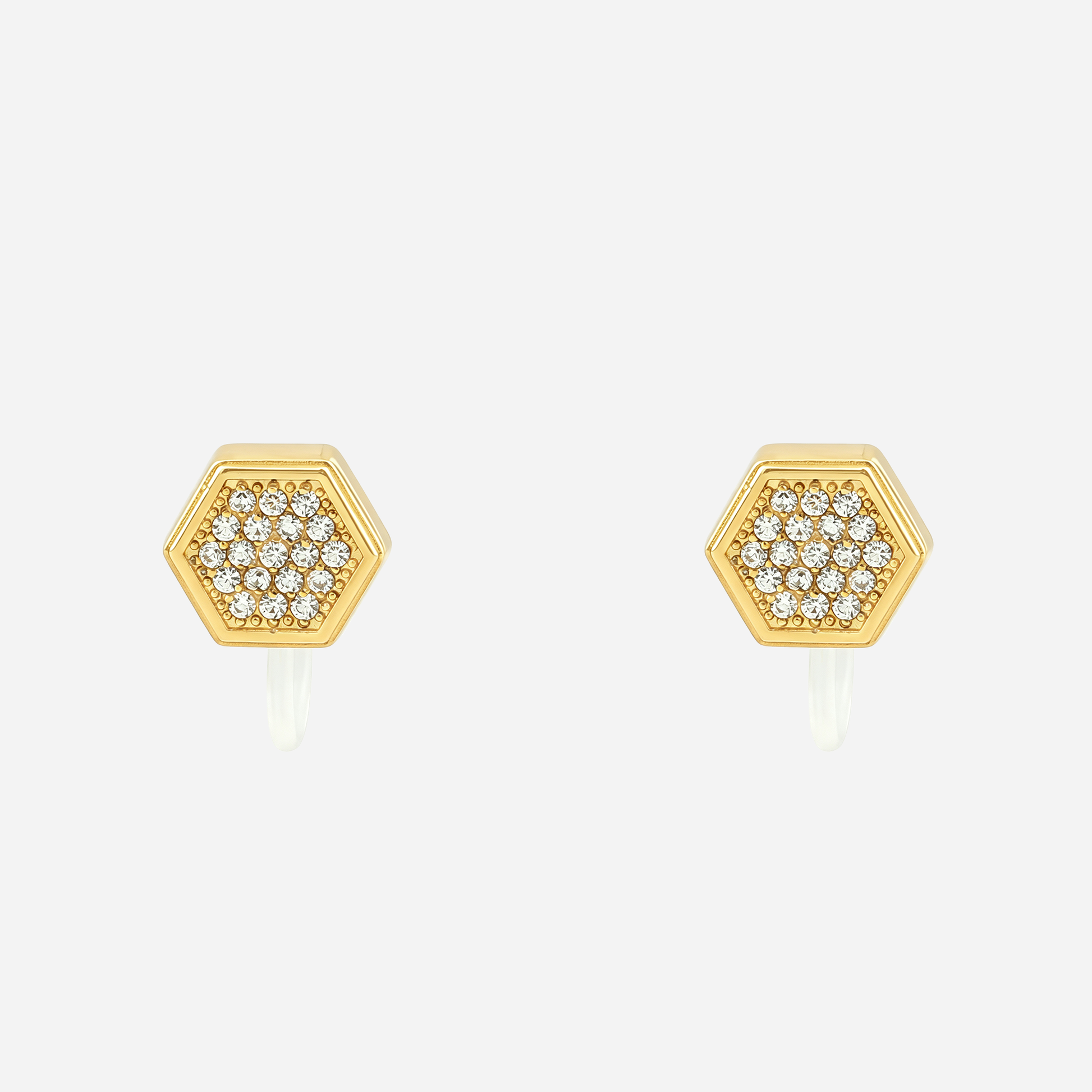 Gold hexagon crystal clip-on stud earrings with invisible resin clips | SOMIY