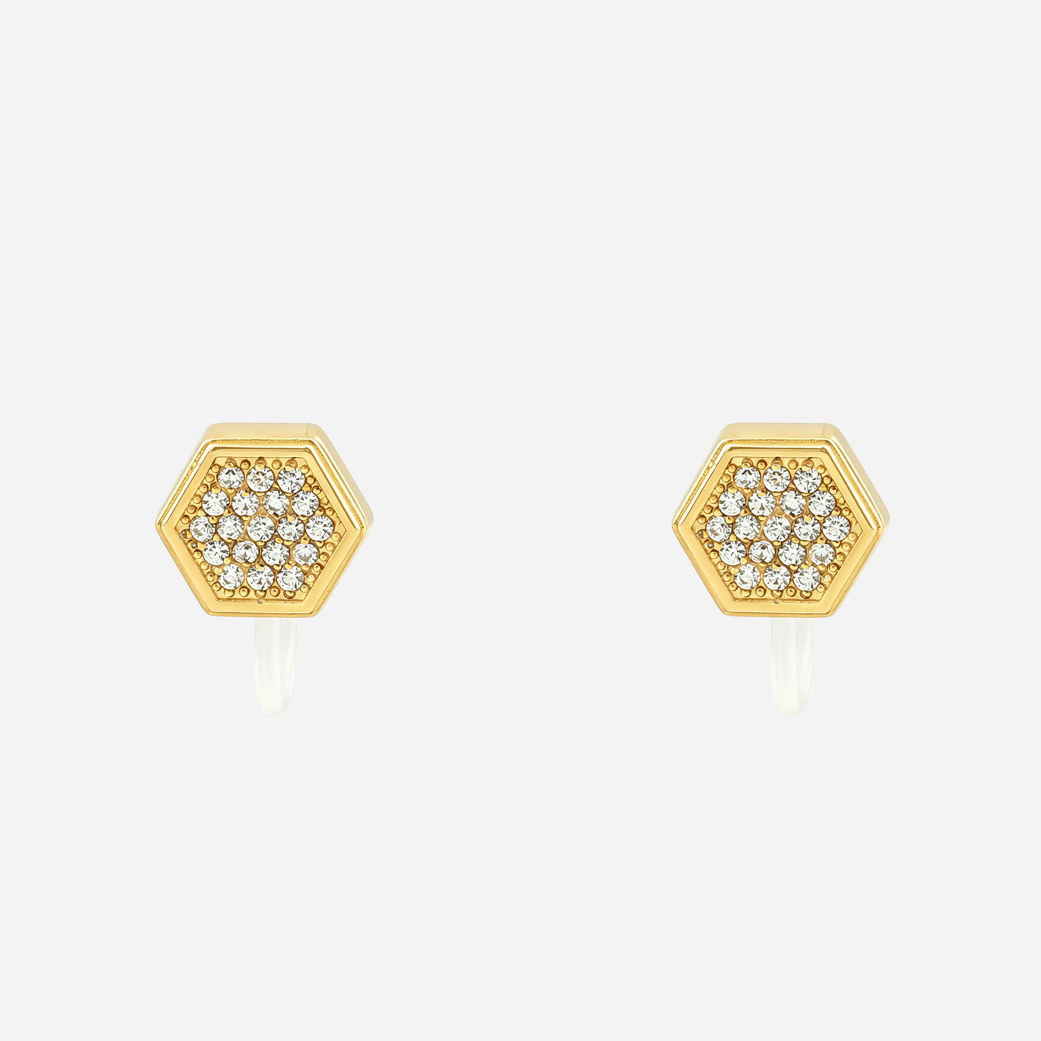 Gold hexagon crystal clip-on stud earrings with invisible resin clips | SOMIY