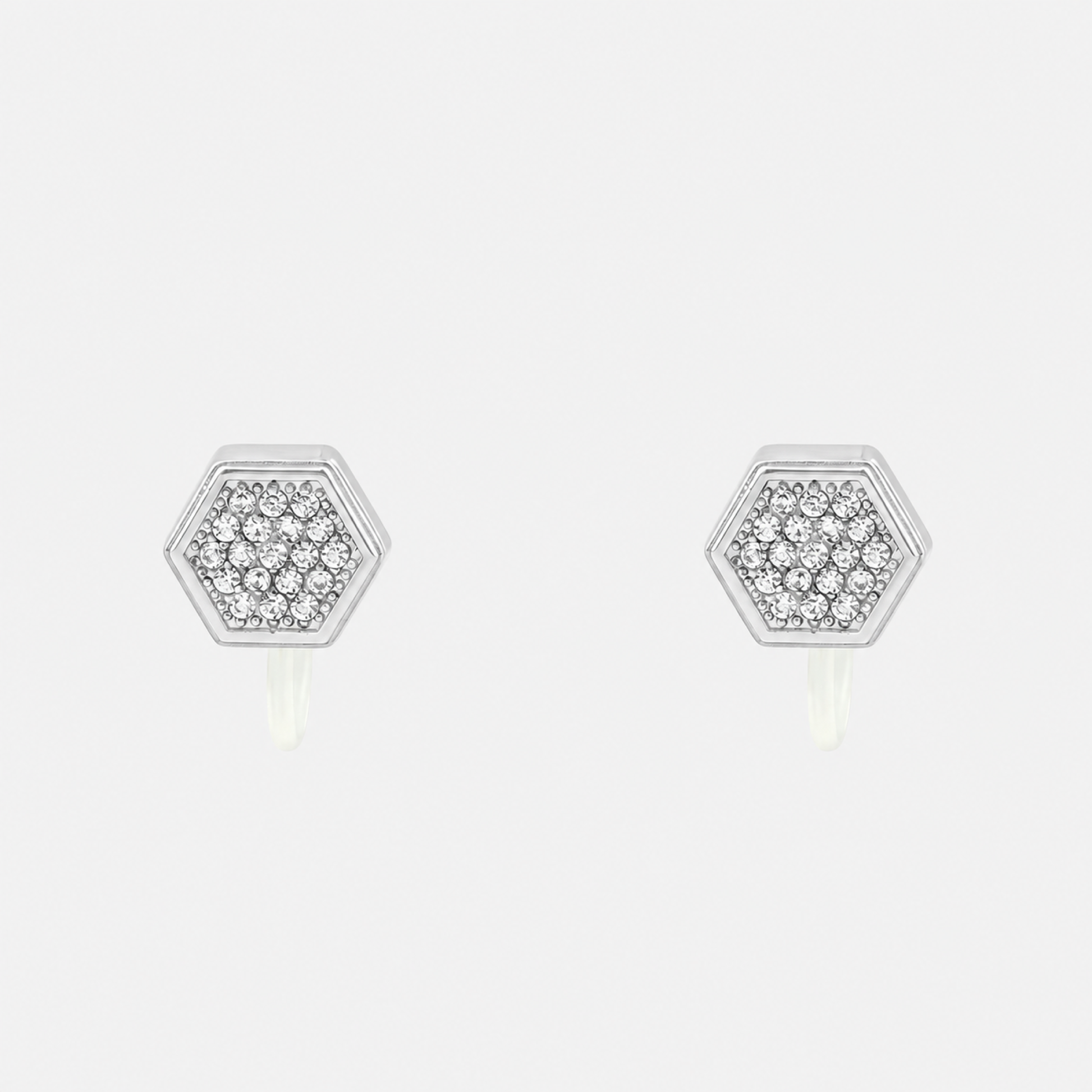 Silver hexagon crystal clip-on stud earrings with invisible resin clips | SOMIY