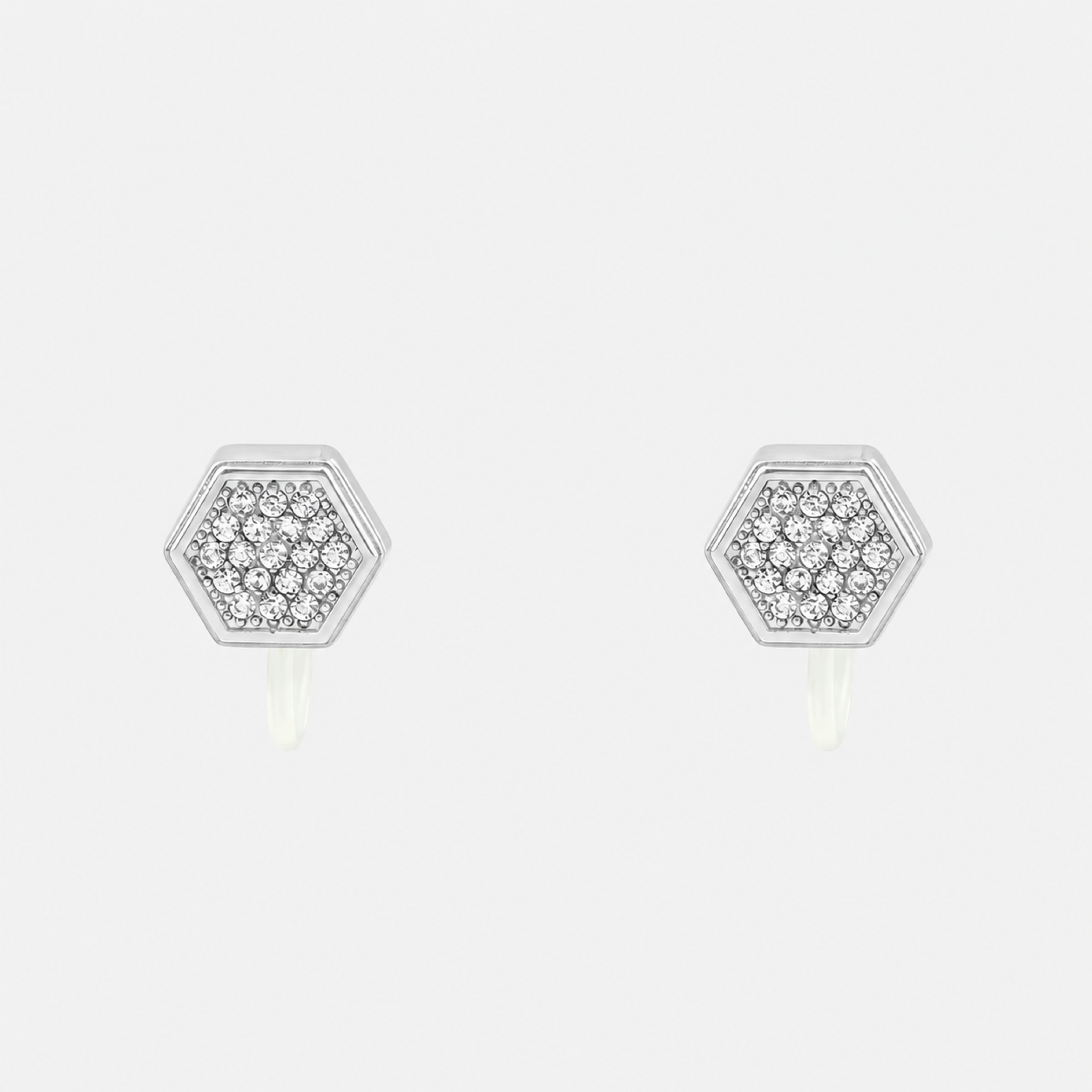 Silver hexagon crystal clip-on stud earrings with invisible resin clips | SOMIY