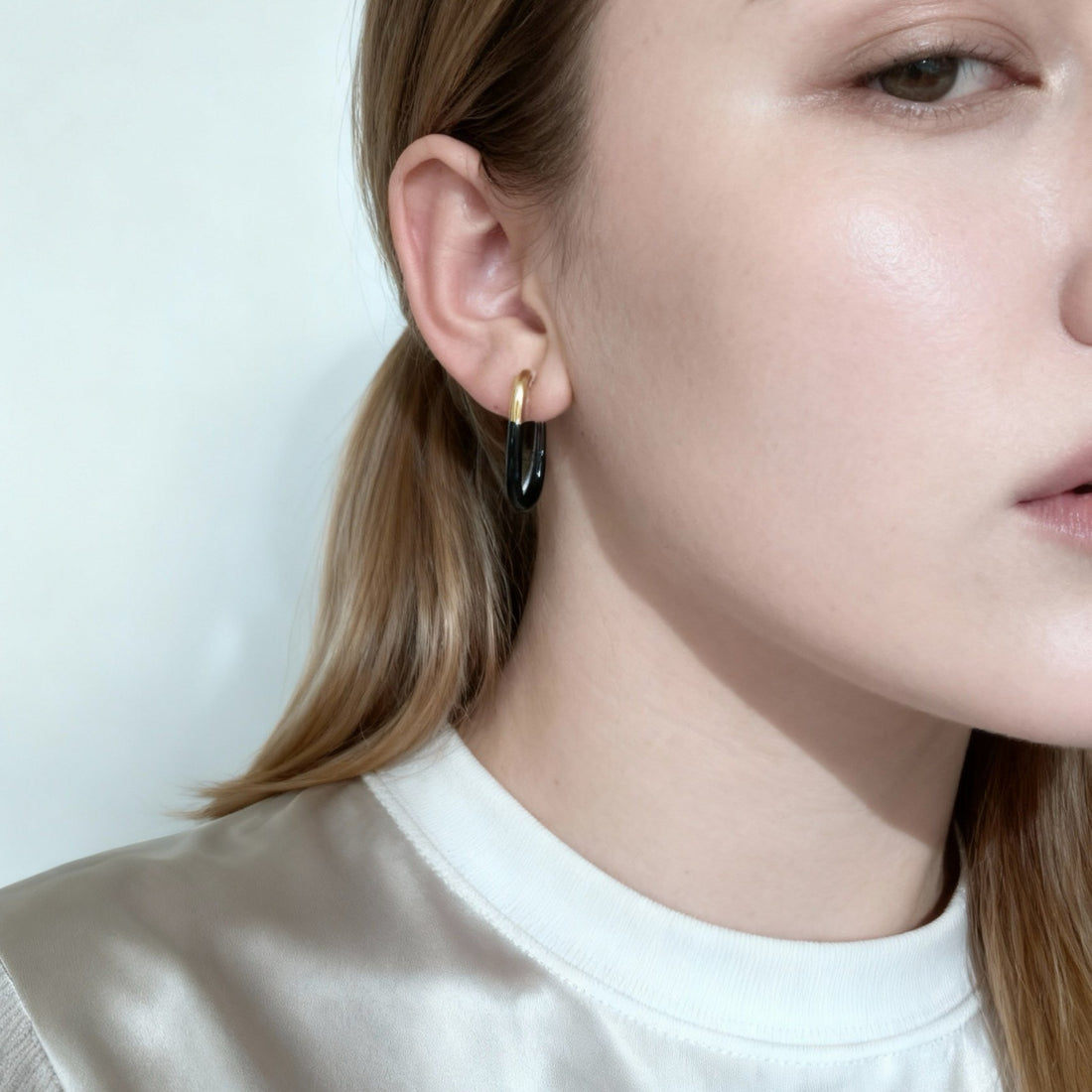 U-Shaped Black Enamel Clip-On Hoop Earrings