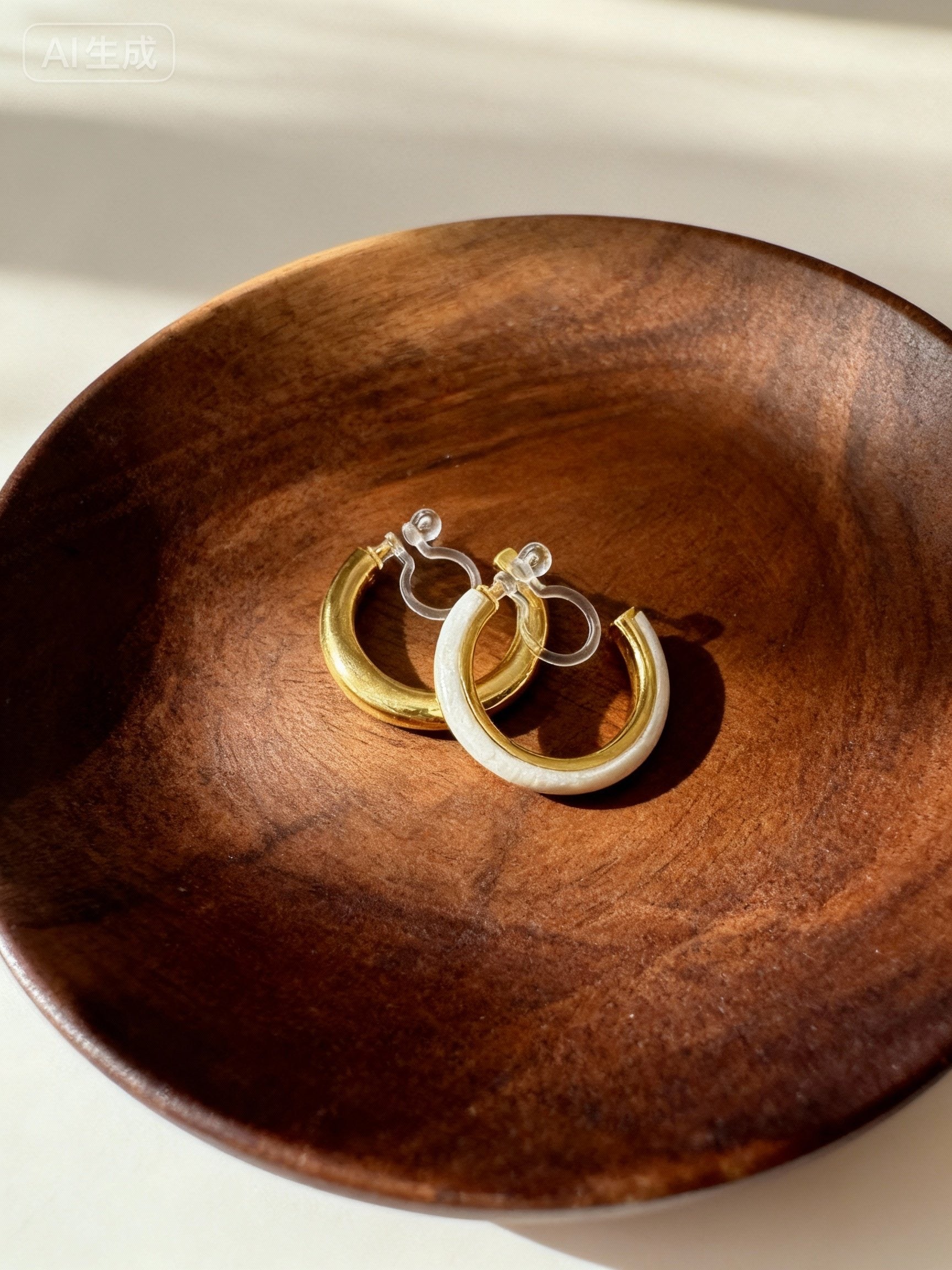 White Enamel Dual-Tone Clip-On Hoop Earrings