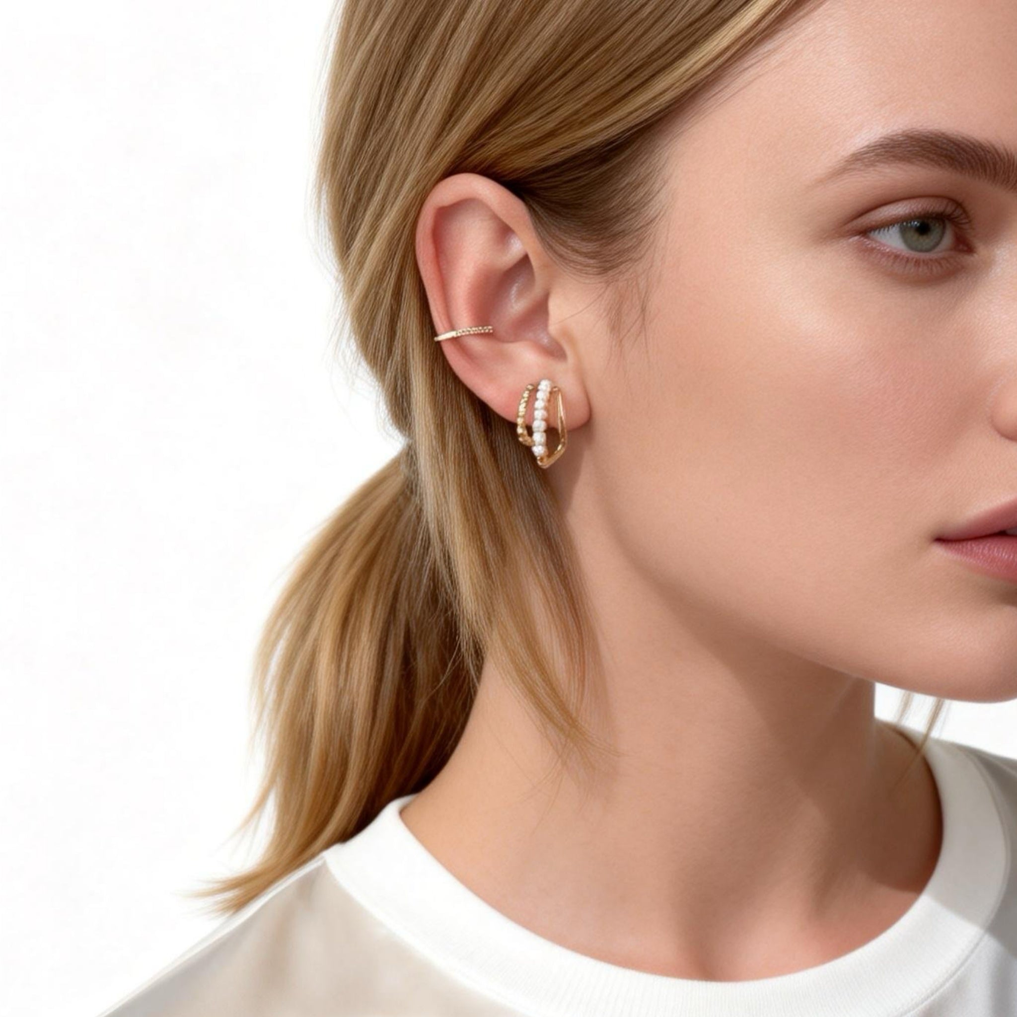 Three-Strand Pearl  Clip-on Hoop Earrings