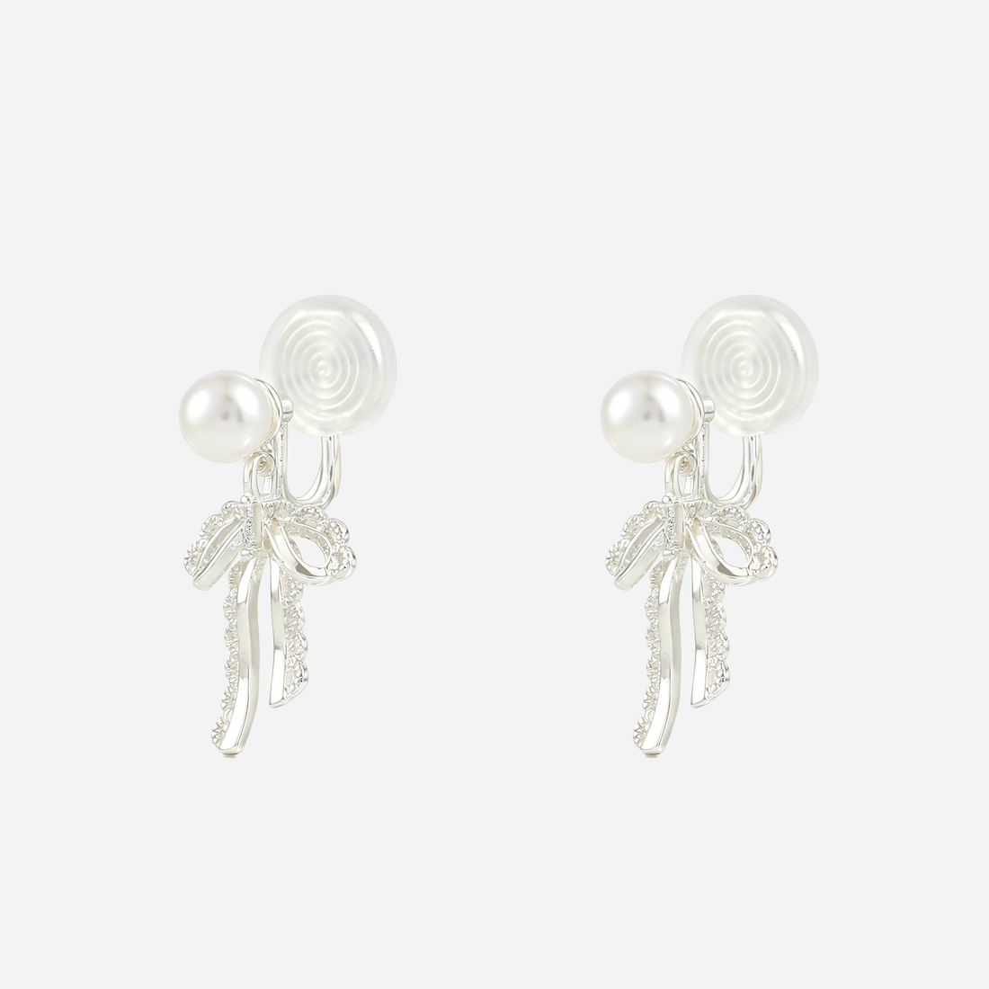 Lace Bow Pearl Clip-On Dangle Earrings in silver angle view
