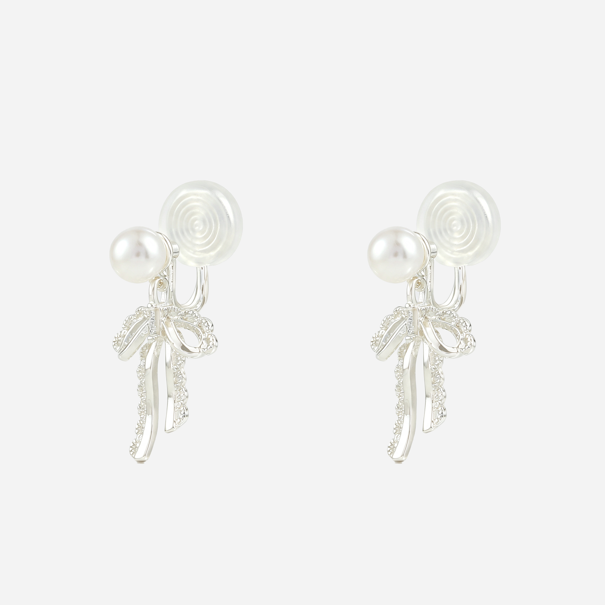 Lace Bow Pearl Clip-On Dangle Earrings in silver angle view