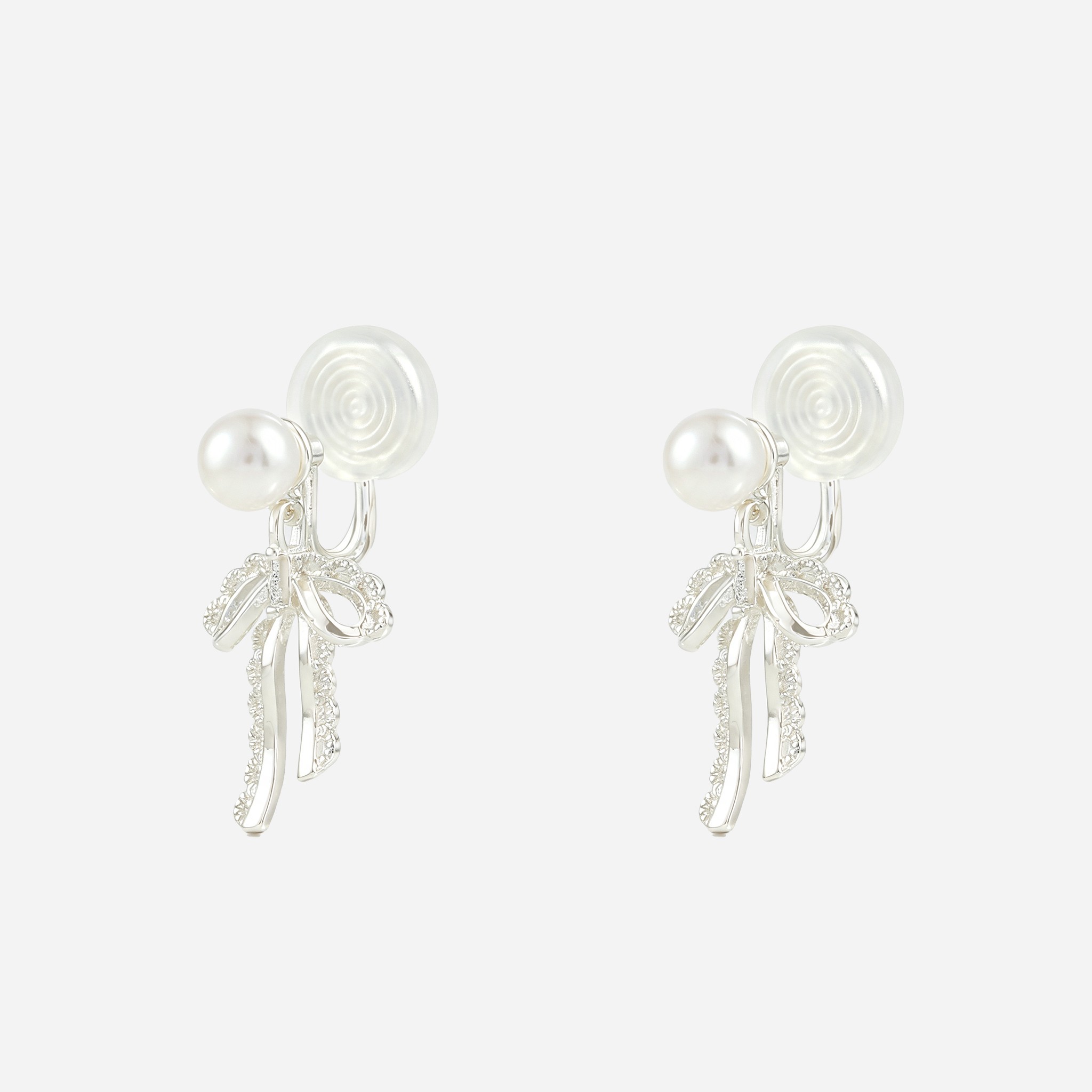 Lace Bow Pearl Clip-On Dangle Earrings in silver angle view