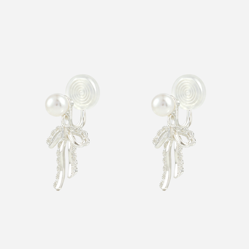 Lace Bow Pearl Clip-On Dangle Earrings in silver angle view
