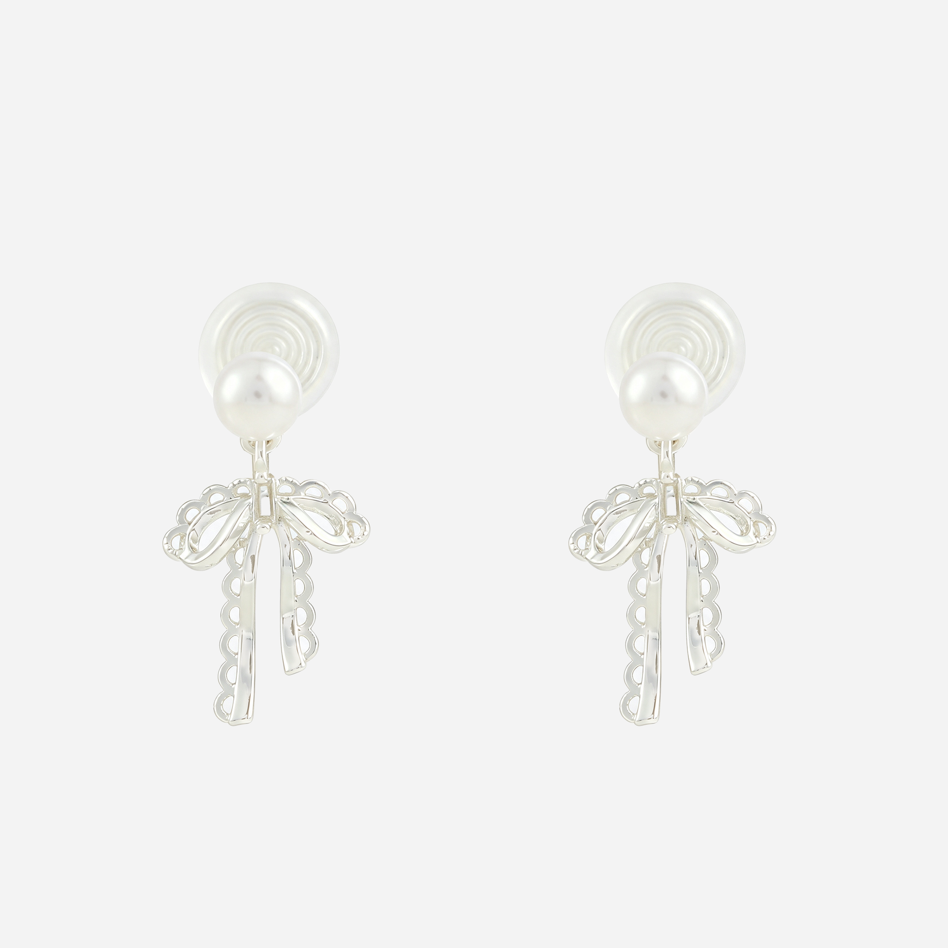 Lace Bow Pearl Clip-On Dangle Earrings in silver front view