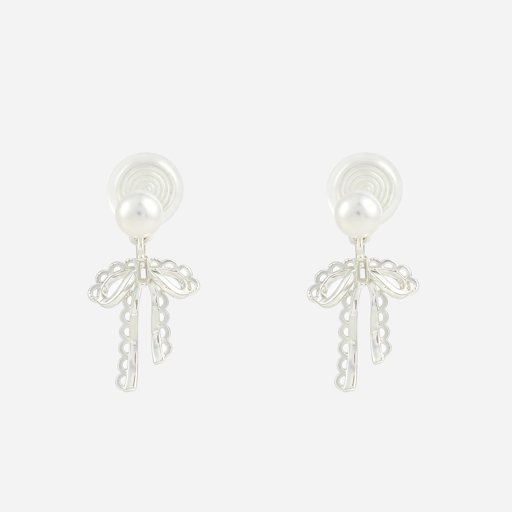 Lace Bow Pearl Clip-On Dangle Earrings in silver front view