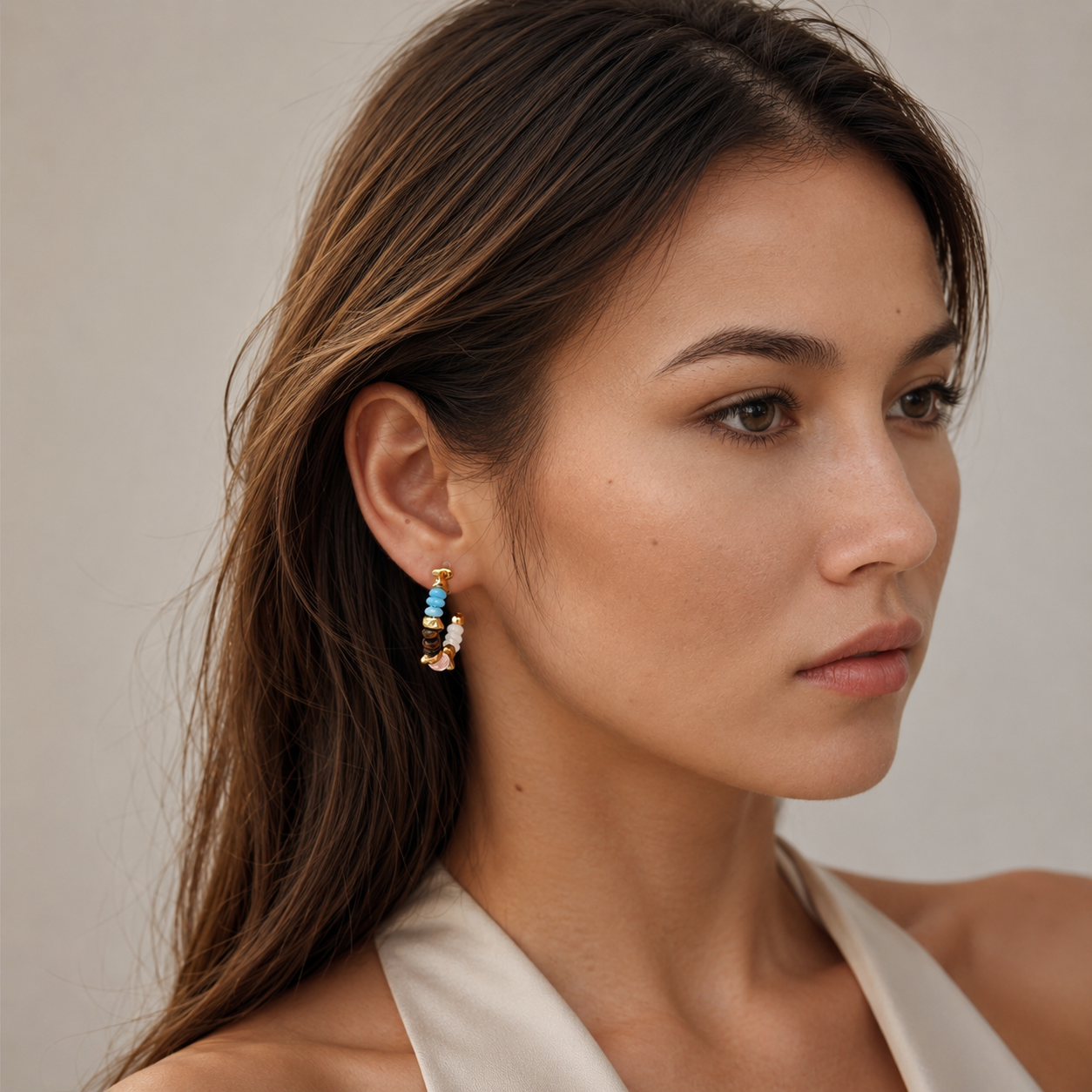 Multicolor Crystal Beaded Clip-On Hoop Earrings in Gold worn on model