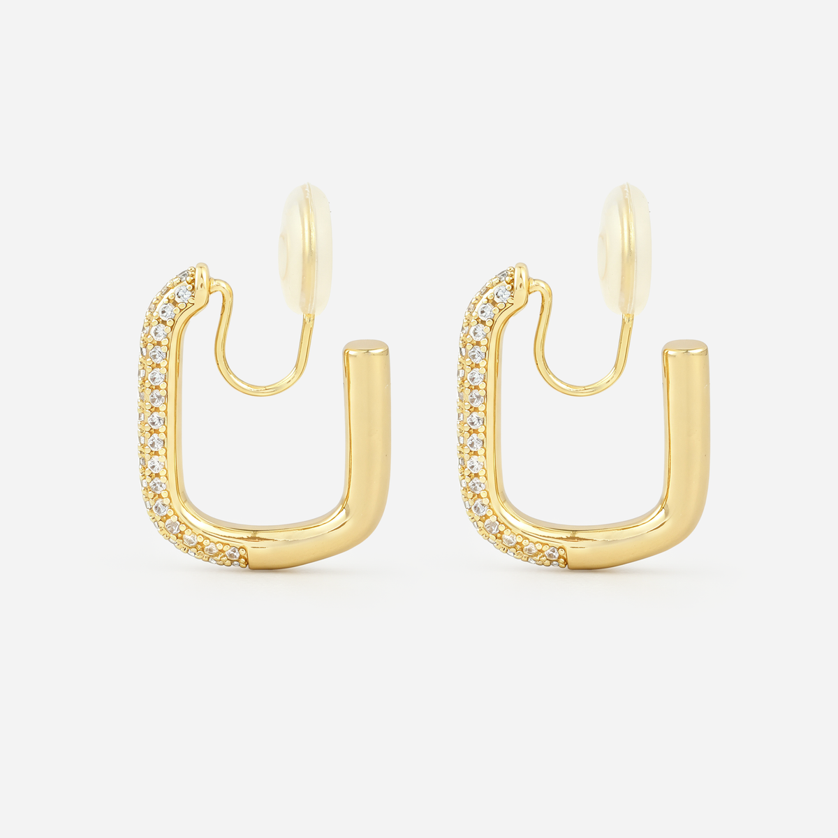 Side view of gold rectangular clip-on hoops showing zircon-set fronts and smooth polished backs
