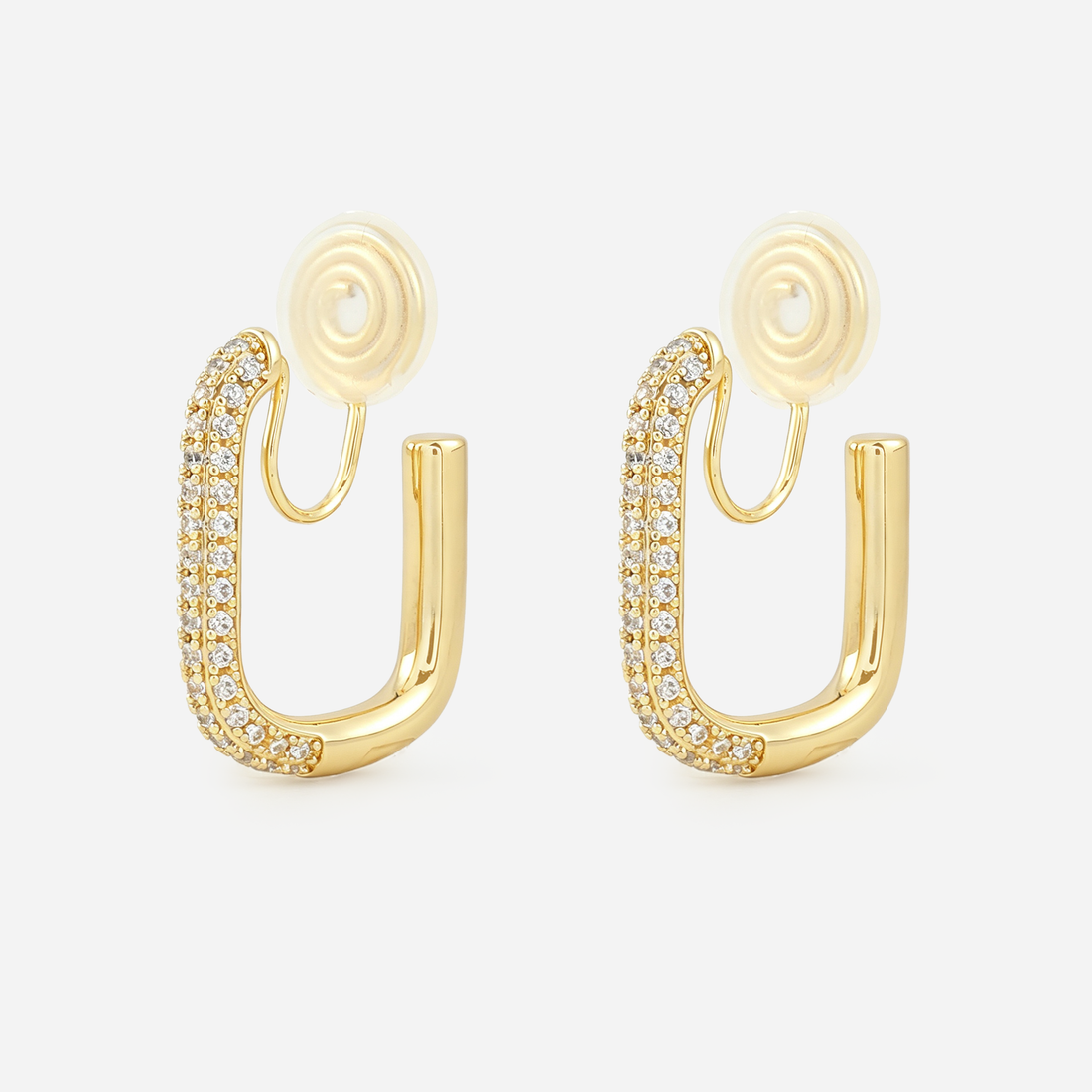 Gold pavé rectangle clip-on hoop earrings with rounded corners and cushioned coil backs, angled pair view