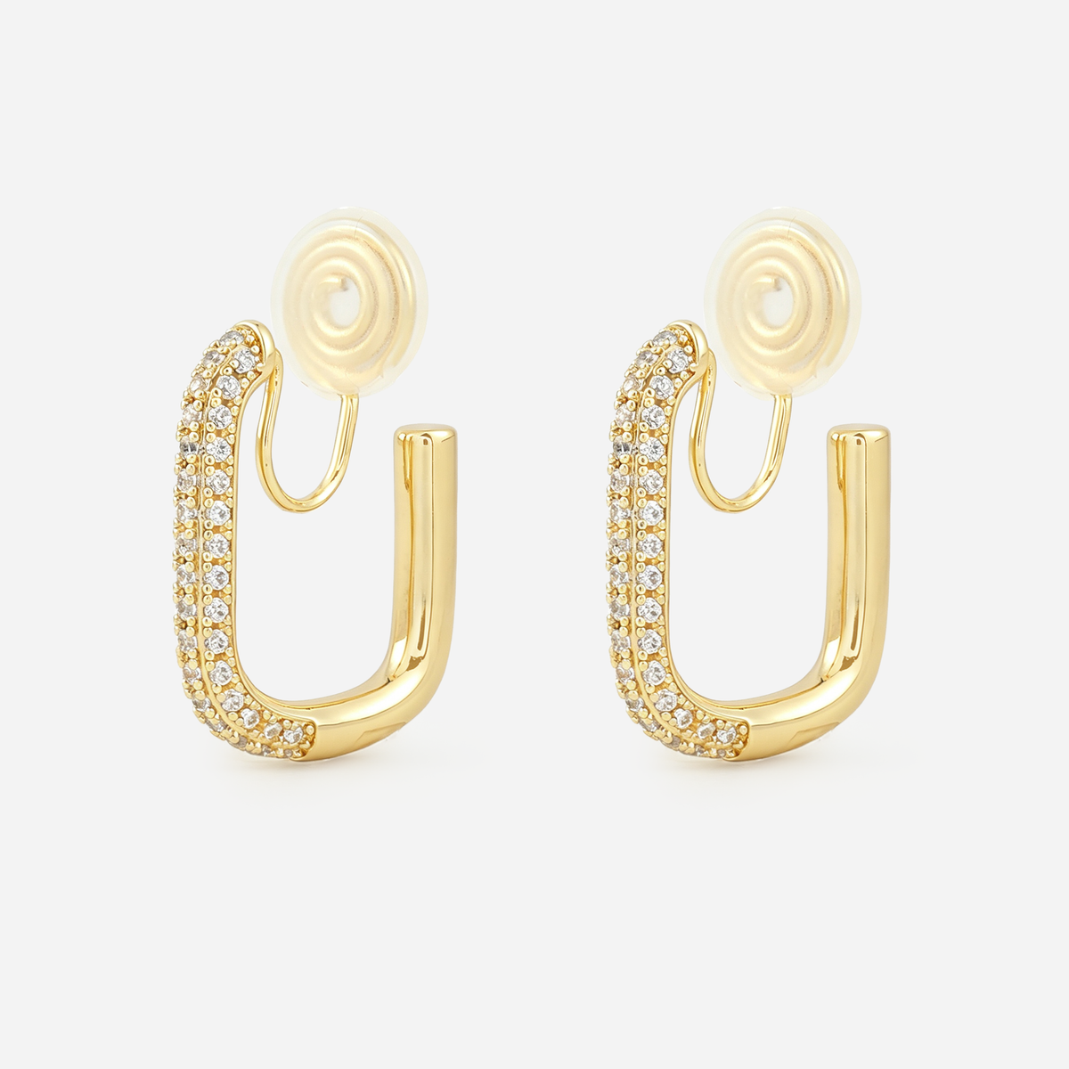 Gold pavé rectangle clip-on hoop earrings with rounded corners and cushioned coil backs, angled pair view