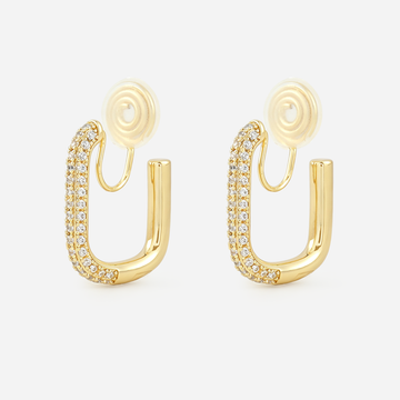 Gold pavé rectangle clip-on hoop earrings with rounded corners and cushioned coil backs, angled pair view