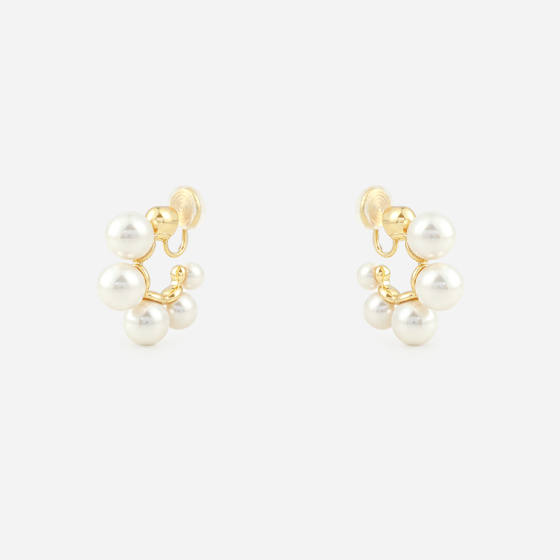 Gold pearl cluster clip-on hoop earrings with mosquito coil clips | SOMIY