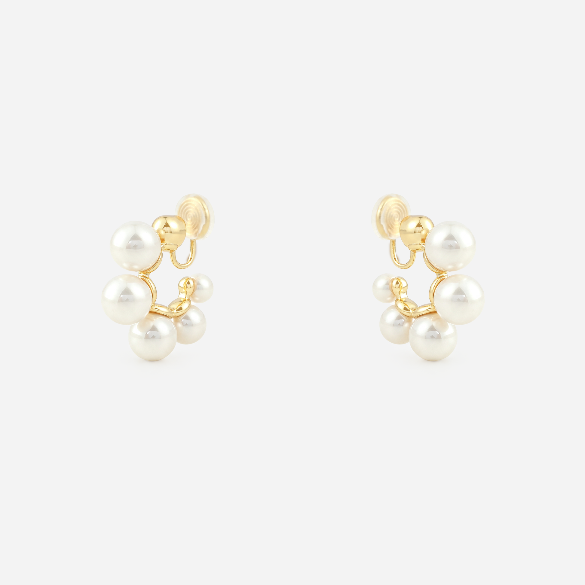 Gold pearl cluster clip-on hoop earrings with mosquito coil clips | SOMIY