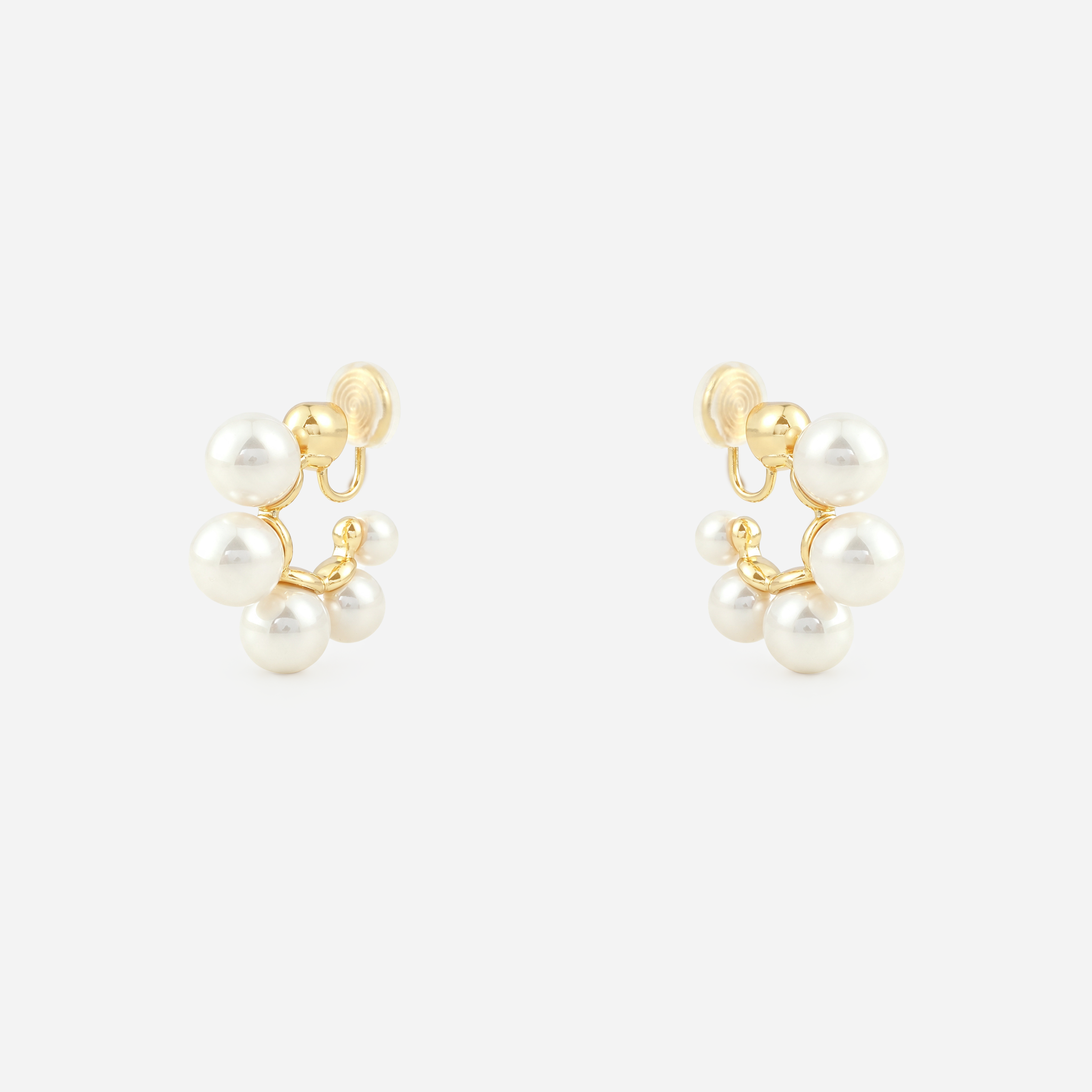 Gold pearl cluster clip-on hoop earrings with mosquito coil clips | SOMIY