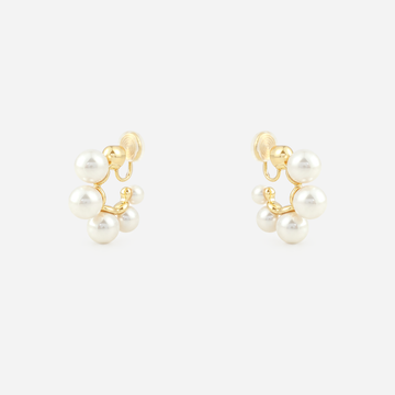 Gold pearl cluster clip-on hoop earrings with mosquito coil clips | SOMIY