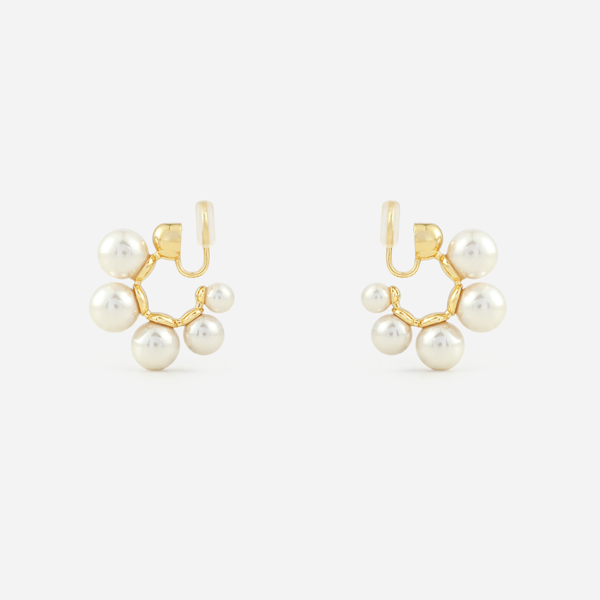 Gold pearl cluster clip-on hoop earrings side view with mosquito coil clip | SOMIY