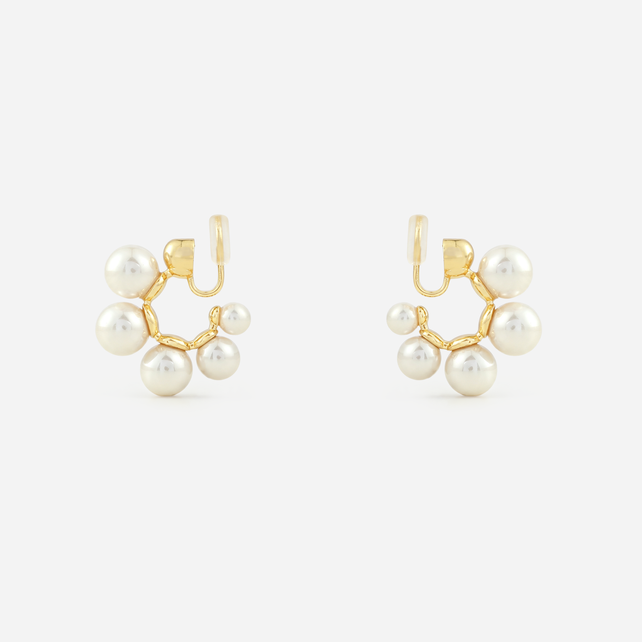 Gold pearl cluster clip-on hoop earrings side view with mosquito coil clip | SOMIY