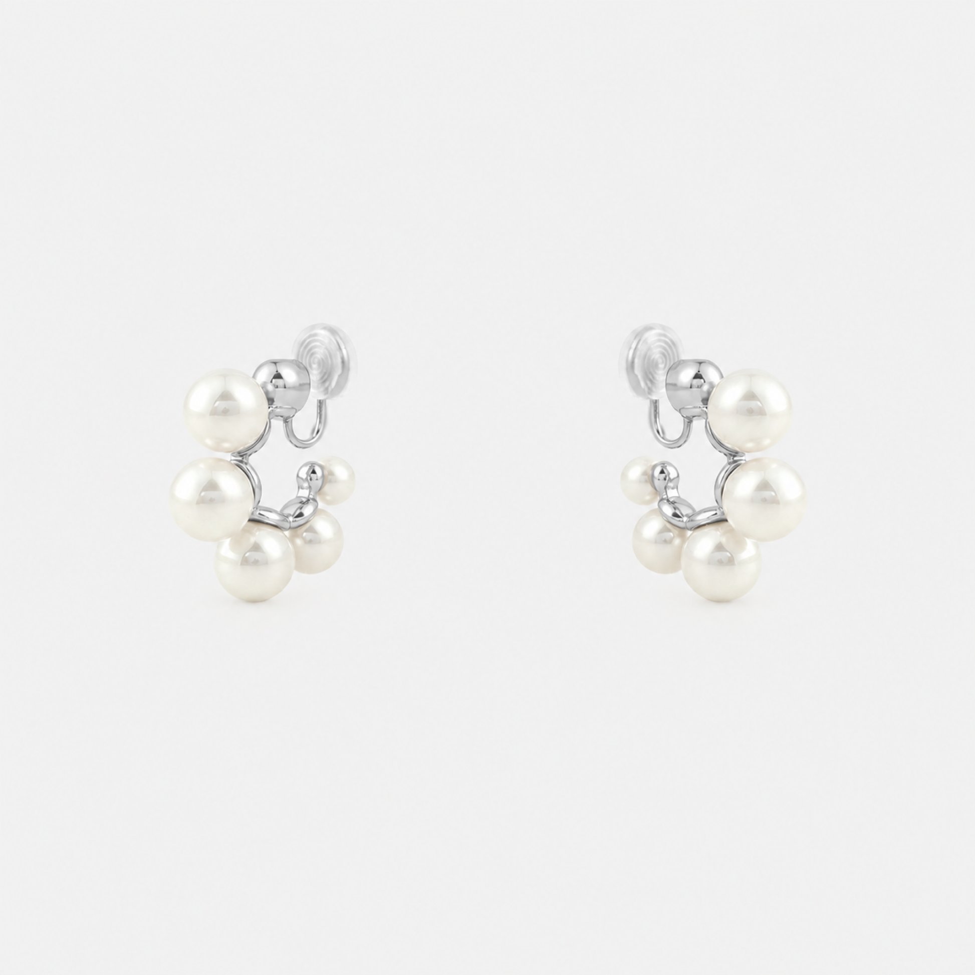 Silver pearl cluster clip-on hoop earrings with mosquito coil clips | SOMIY