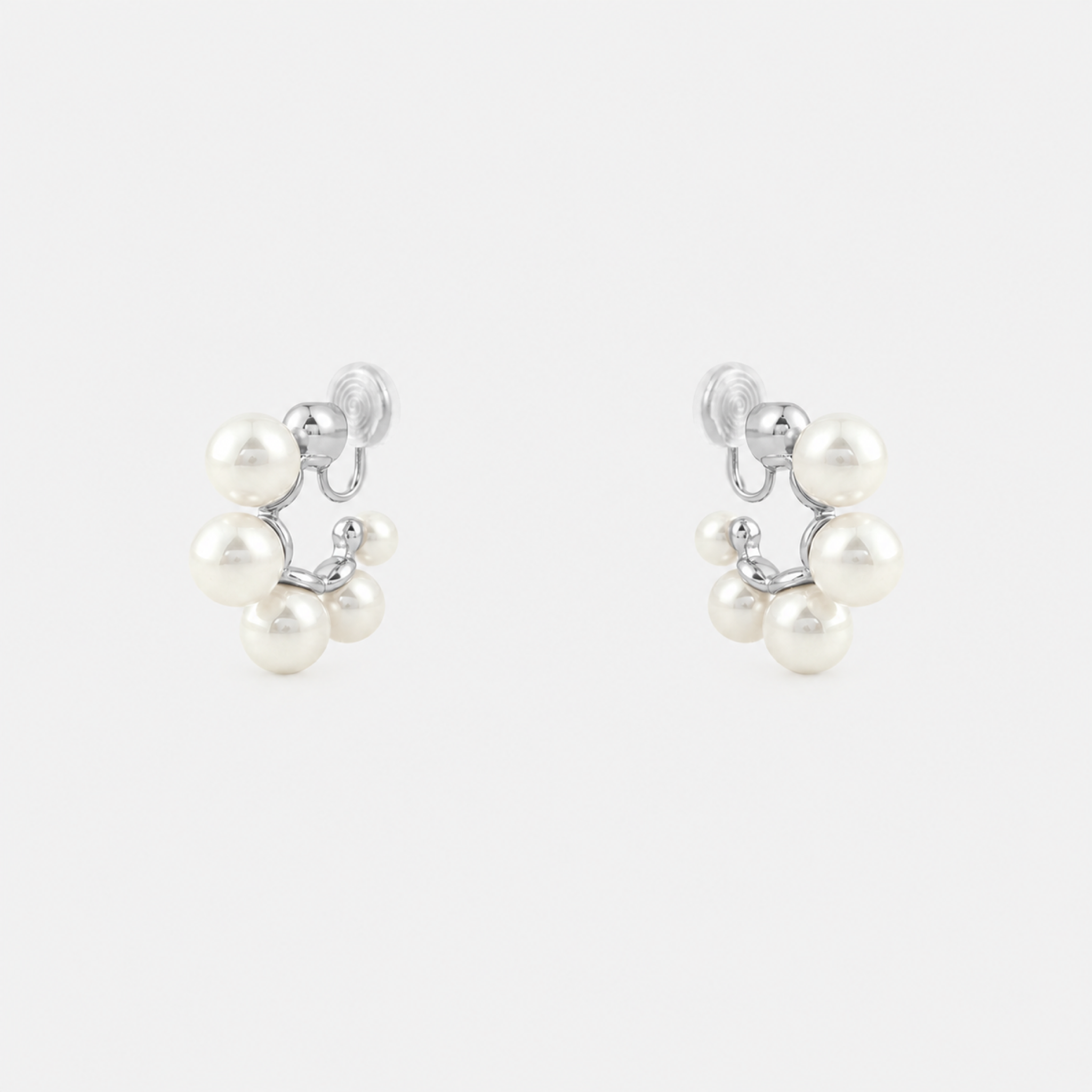 Silver pearl cluster clip-on hoop earrings with mosquito coil clips | SOMIY