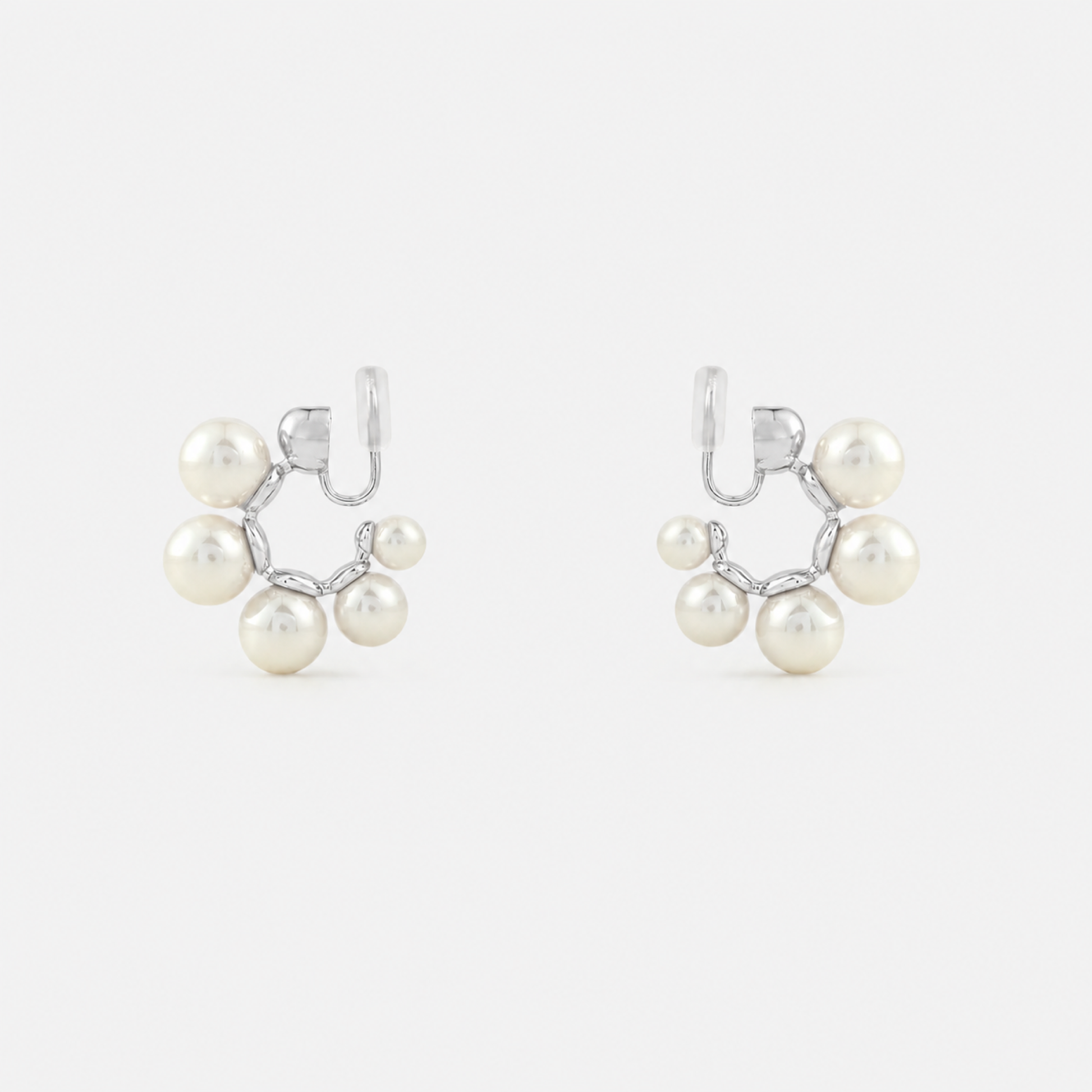 Silver pearl cluster clip-on hoop earrings side view with mosquito coil clip | SOMIY