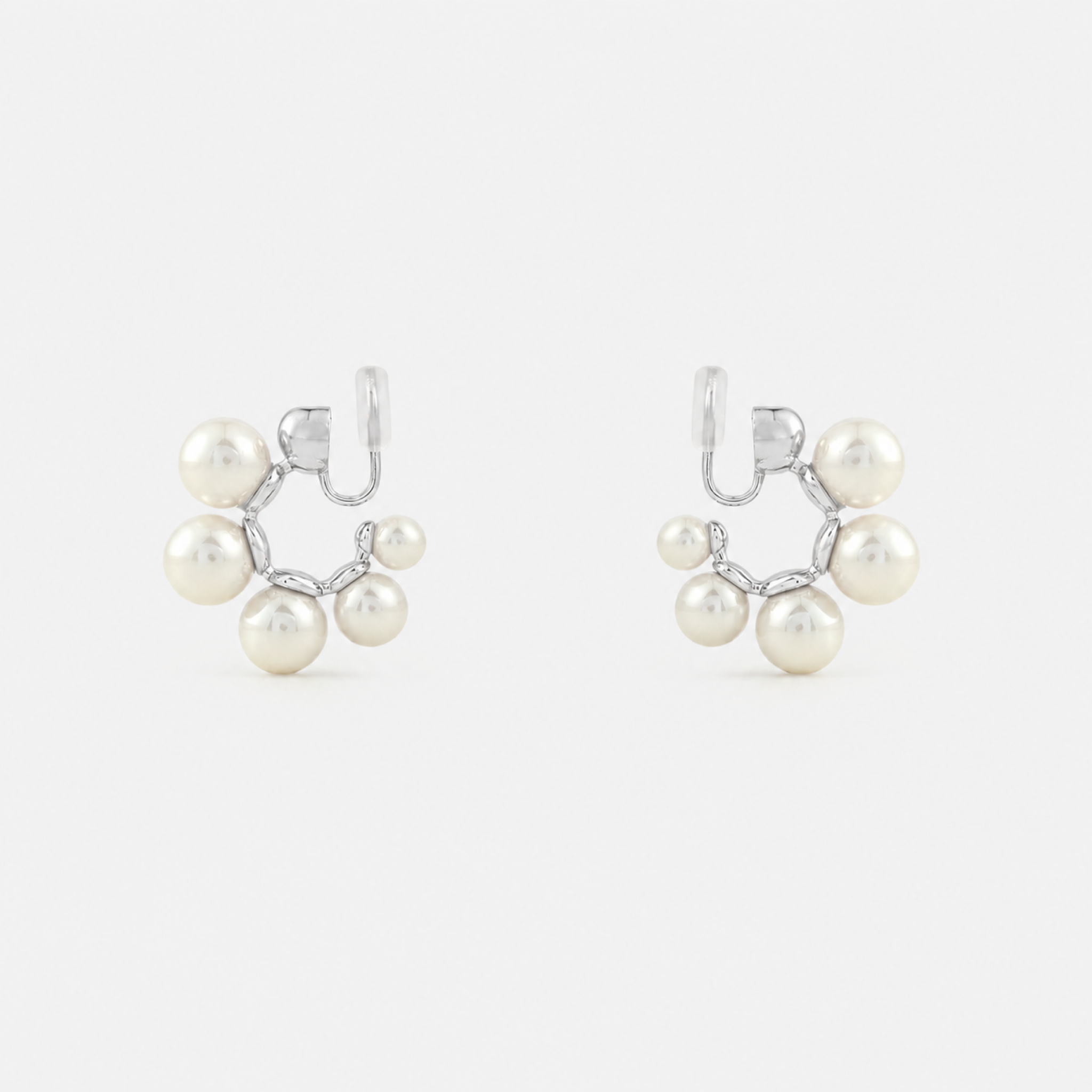 Silver pearl cluster clip-on hoop earrings side view with mosquito coil clip | SOMIY