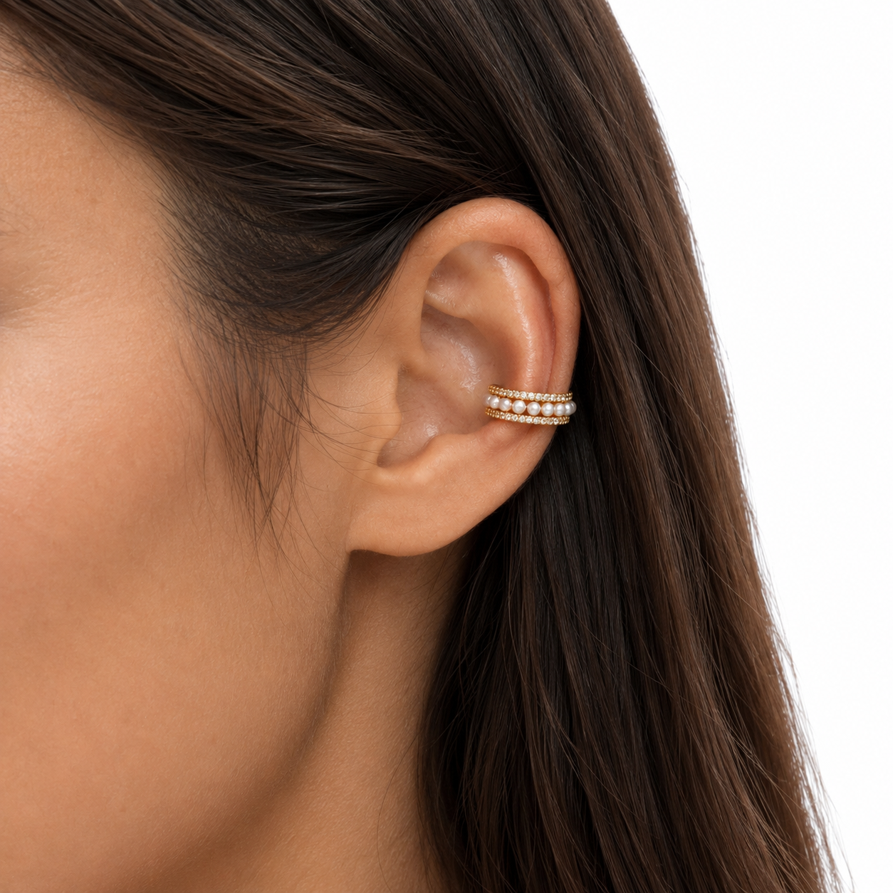 Pearl Pave Ear Cuff in Gold on model close view