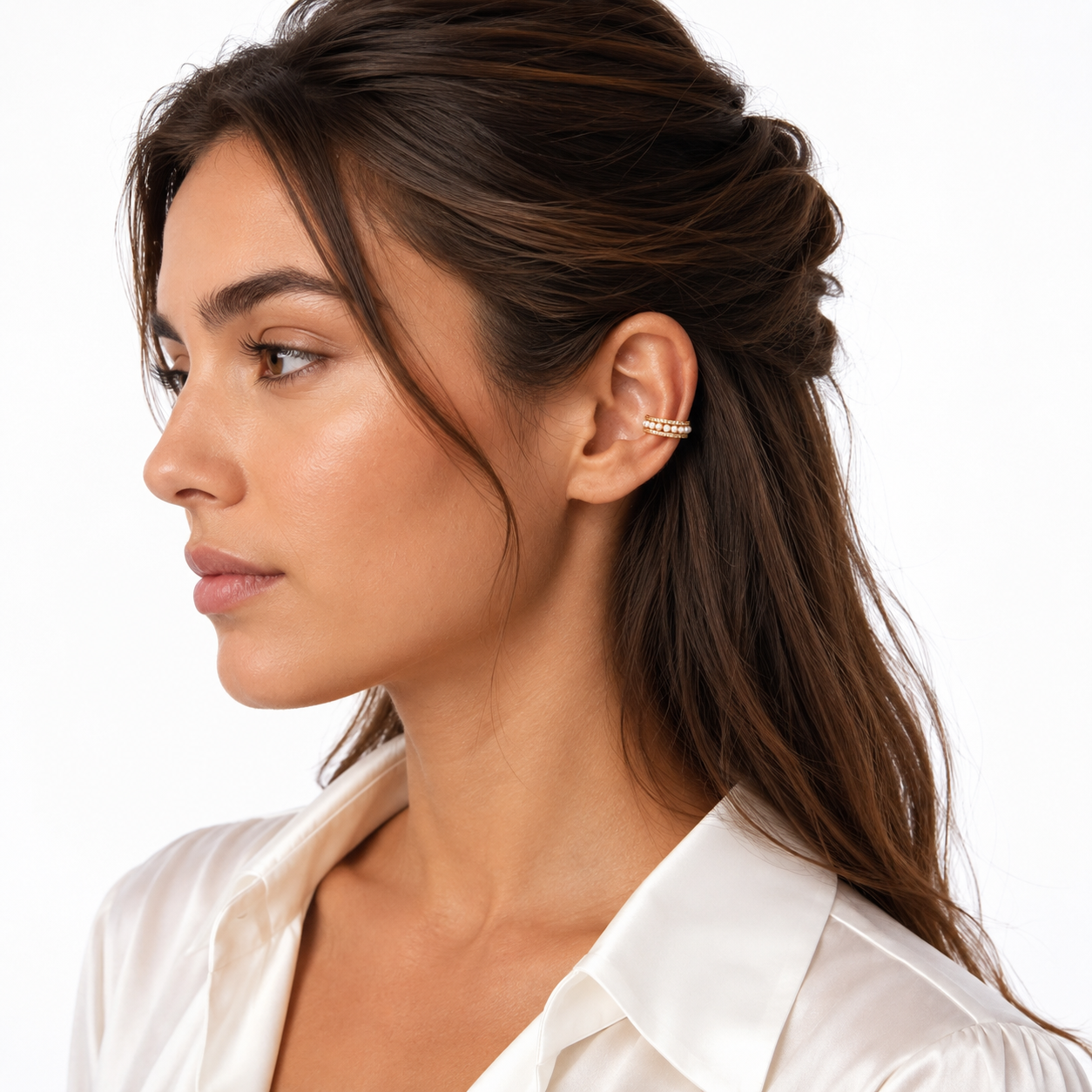 Pearl Pave Ear Cuff in Gold worn on model