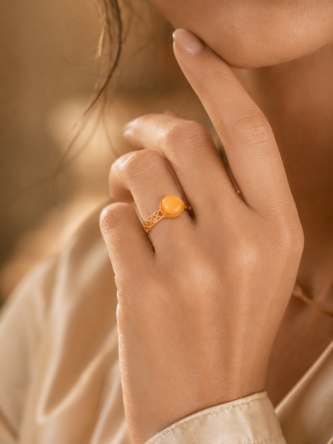 Lattice Filigree butterscotch amber ring with a round stone and openwork gold band