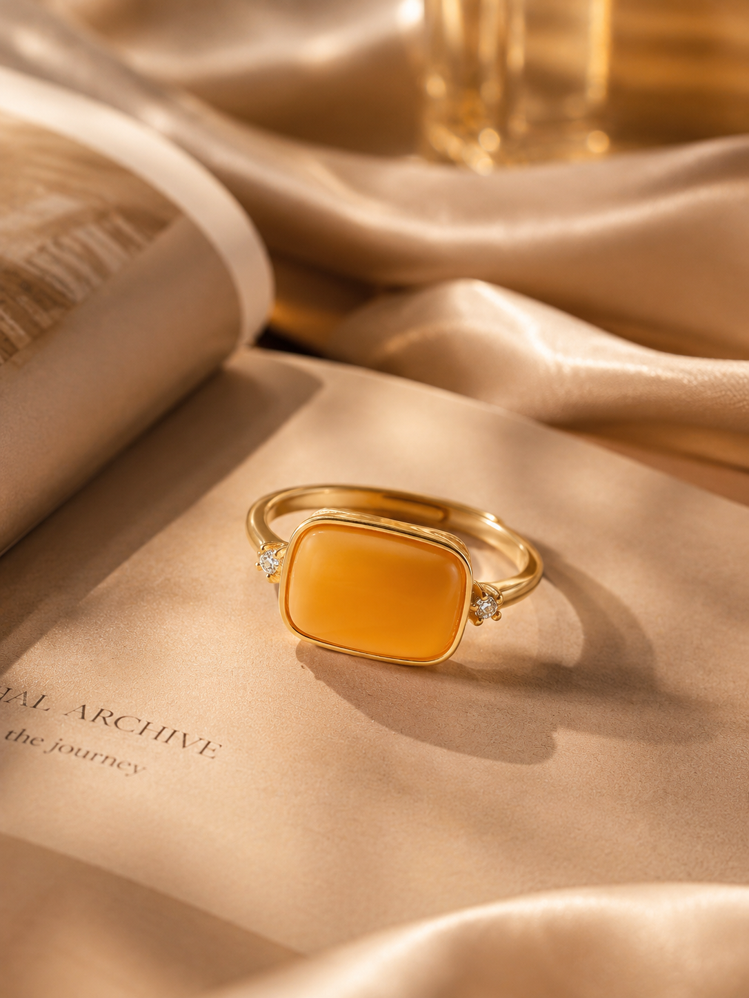 Sparkling Frame amber ring styled on an open book with champagne satin