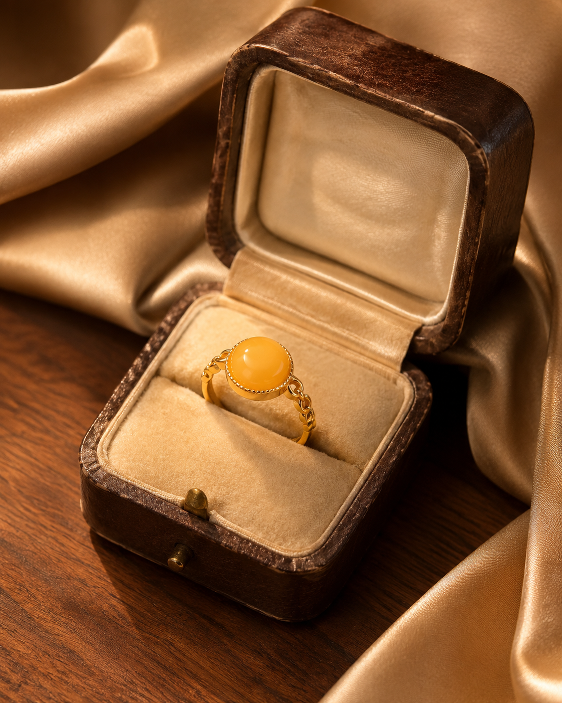 Braided Radiance amber ring displayed in a vintage box with champagne satin