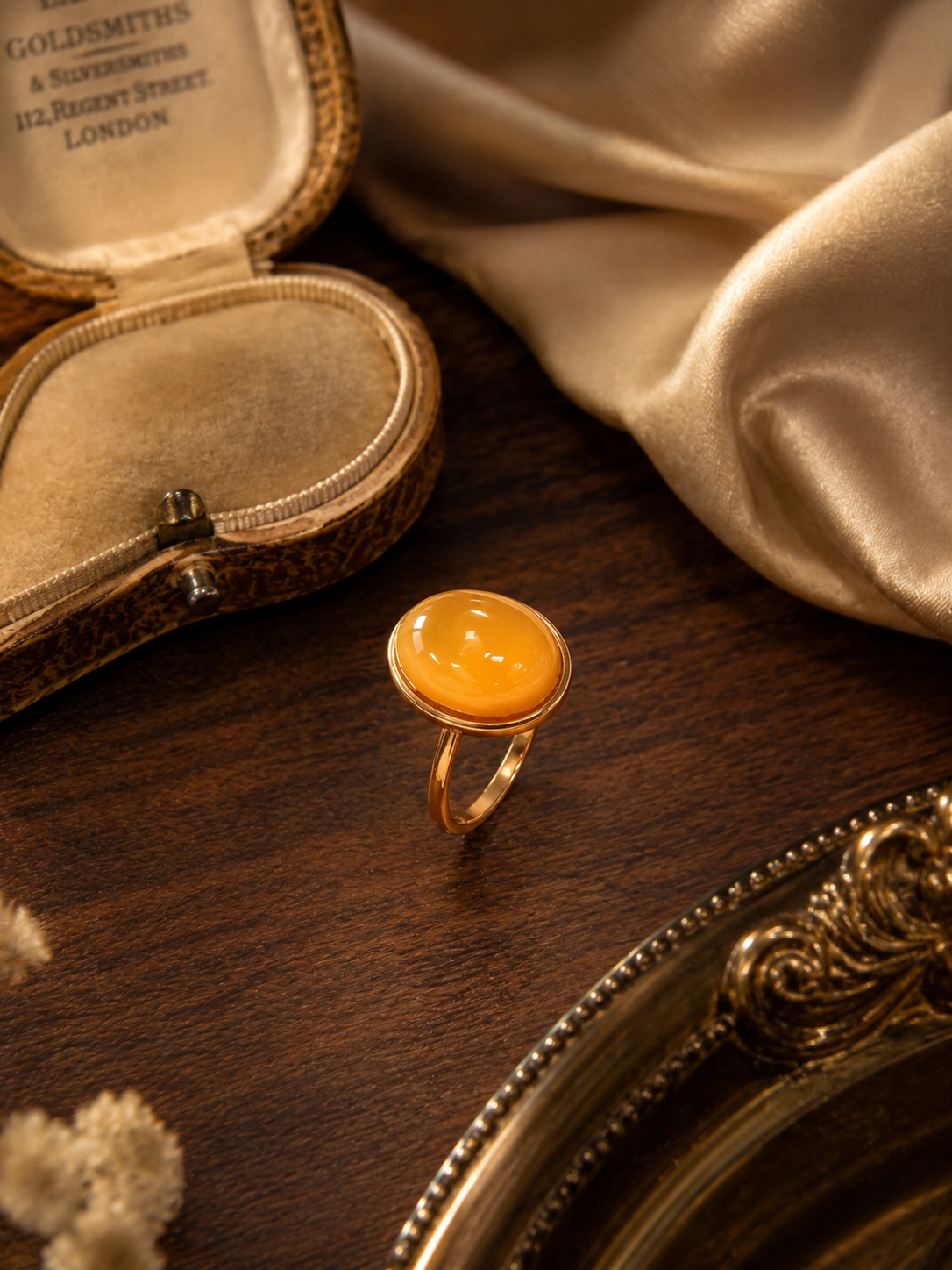Ethereal Oval amber ring styled with a vintage box and champagne satin