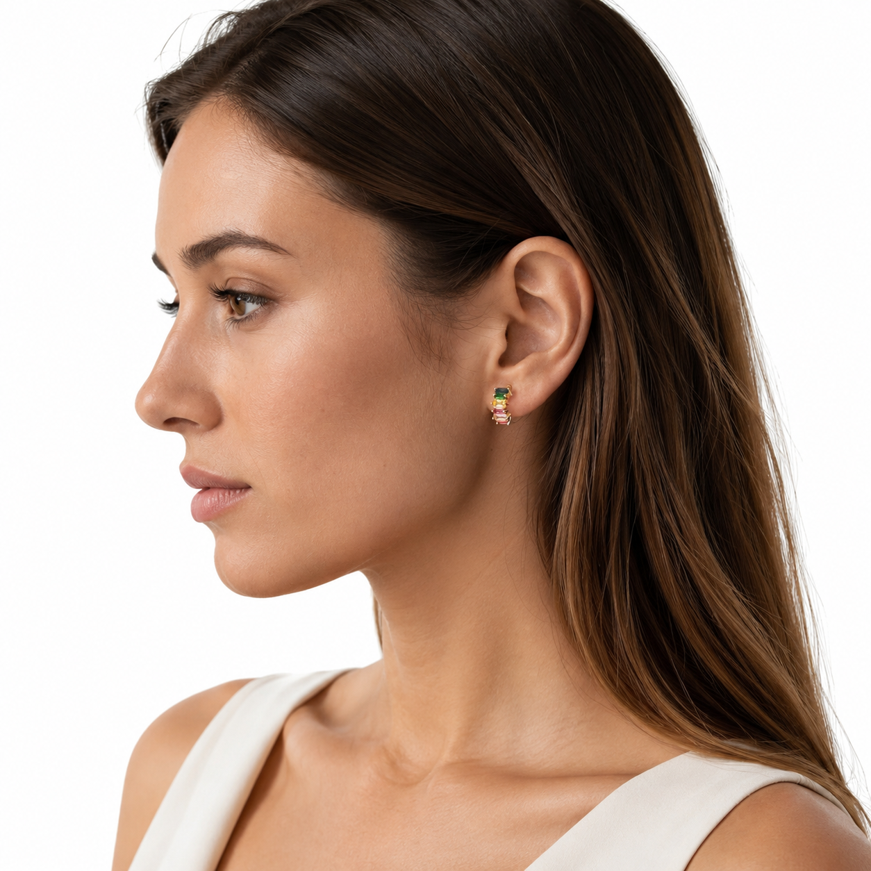 Rainbow Baguette Clip-On Hoop Earrings in Gold worn on model