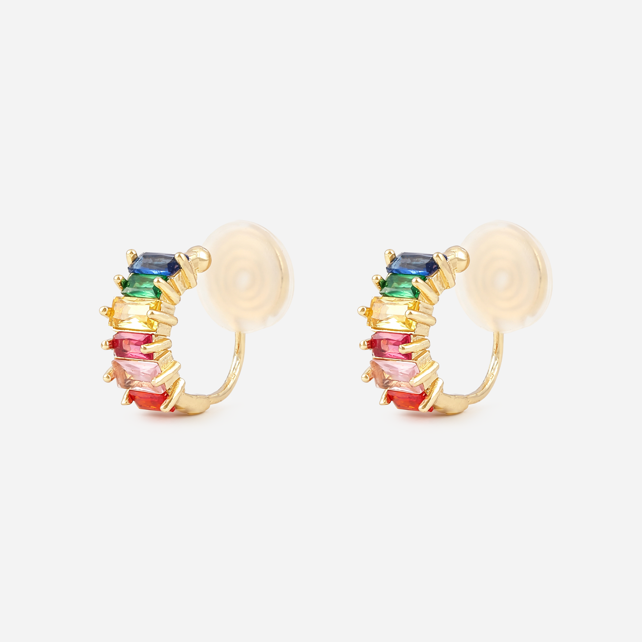 Rainbow Baguette Clip-On Hoop Earrings in Gold product view
