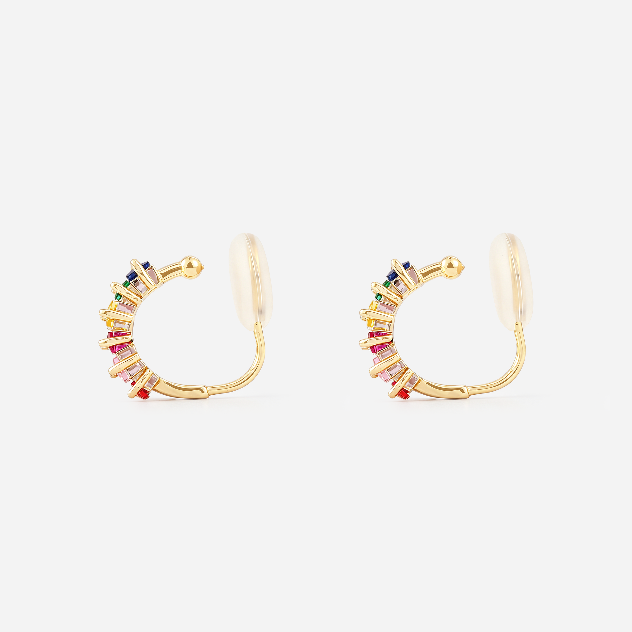 Rainbow Baguette Clip-On Hoop Earrings in Gold side view