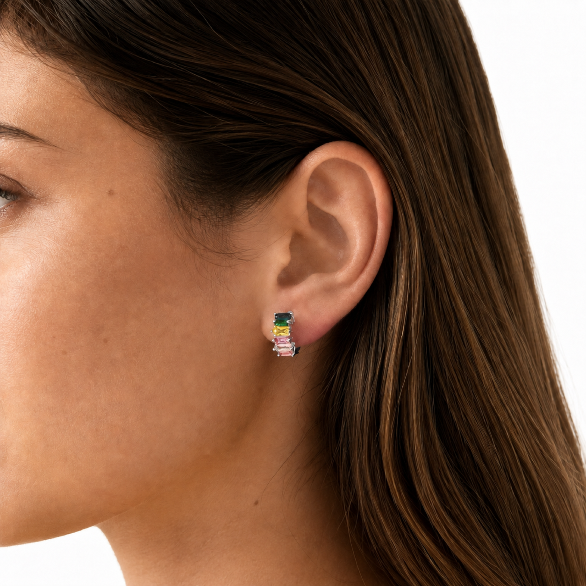 Rainbow Baguette Clip-On Hoop Earrings in Silver worn on model close-up