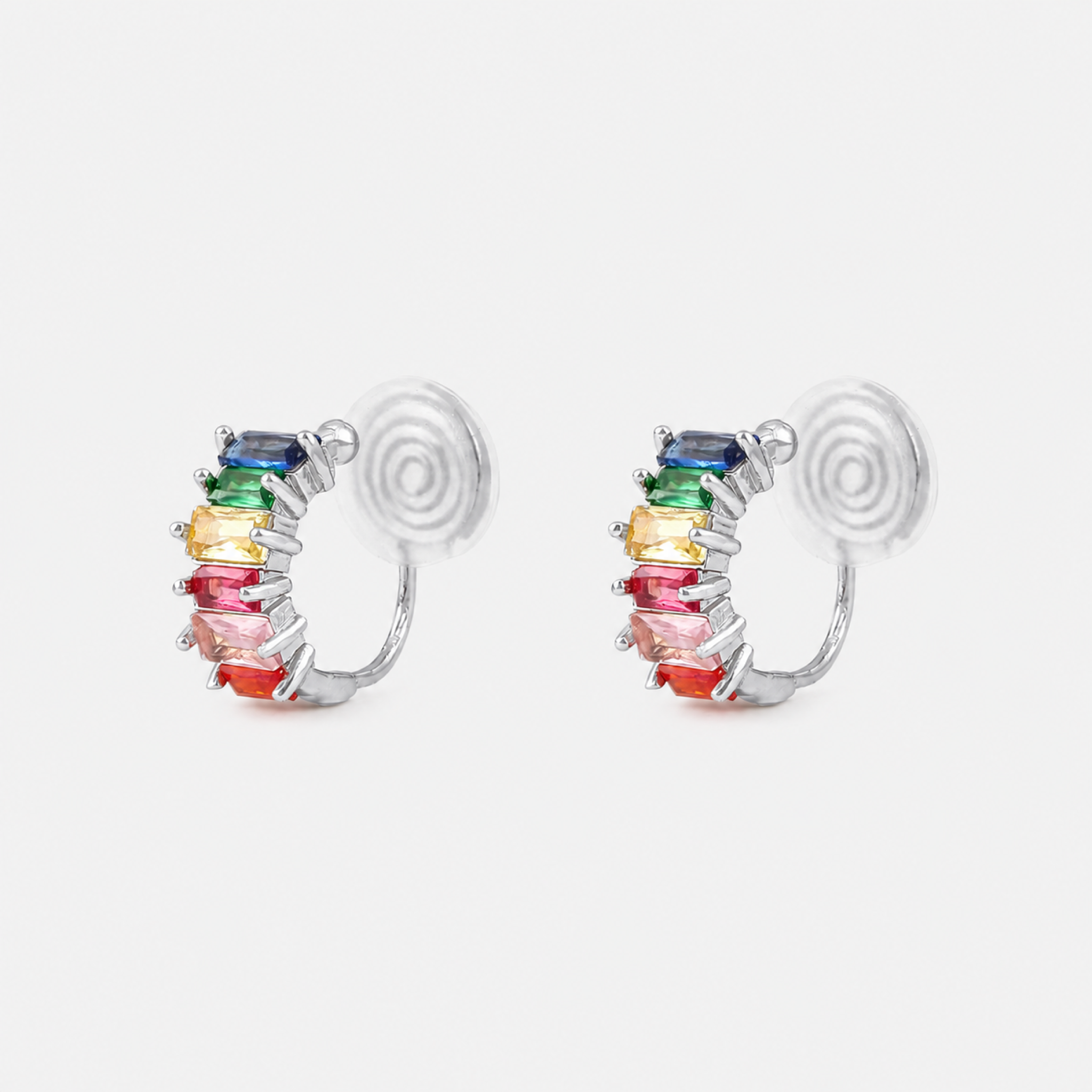 Rainbow Baguette Clip-On Hoop Earrings in Silver product view