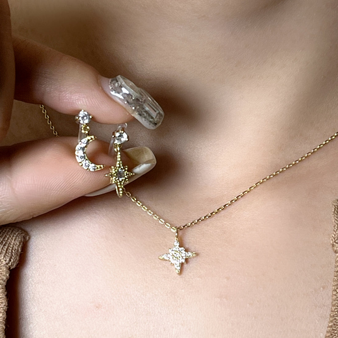 Diamond Star & Moon Set (Clip-On Earrings&Necklace) - SOMIY