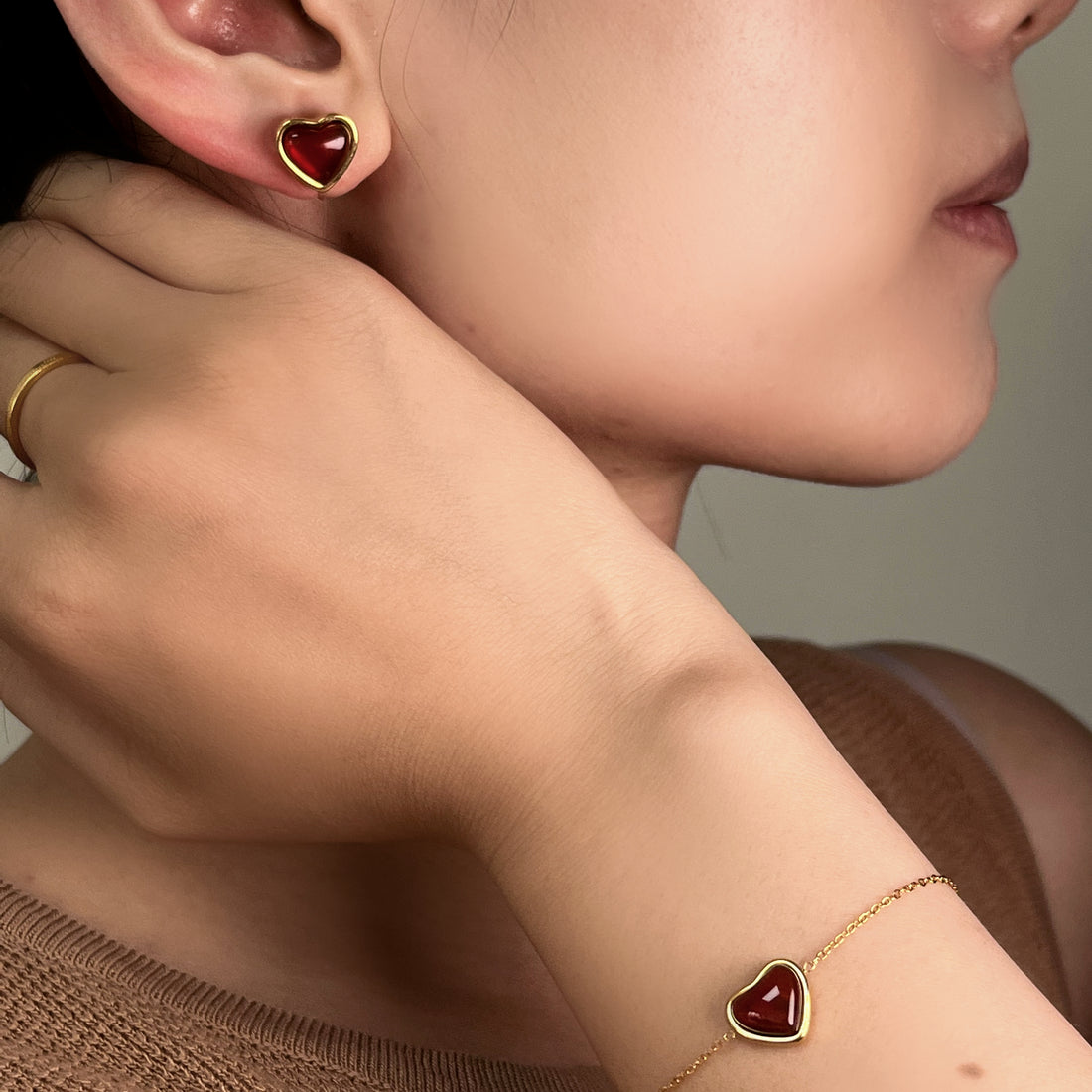 Red Wine Heart Cute Set (Clip-On Earrings&Bracelet) - SOMIY