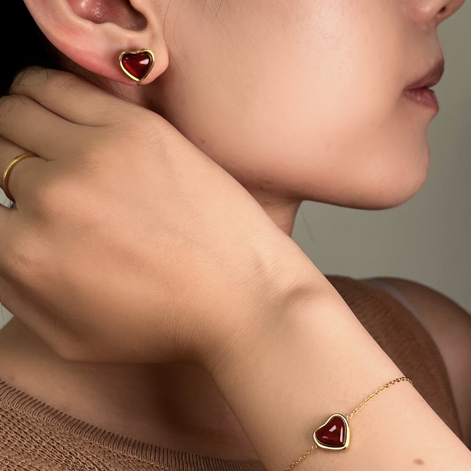 Red Wine Heart Cute Set (Clip-On Earrings&Bracelet) - SOMIY