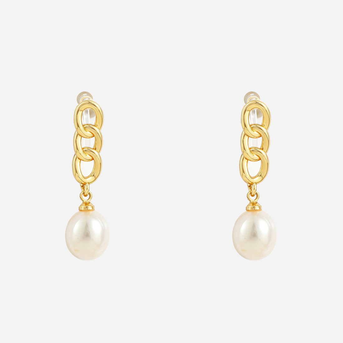 Sculpted Link Pearl Drop Clip-On Earrings in Gold front view