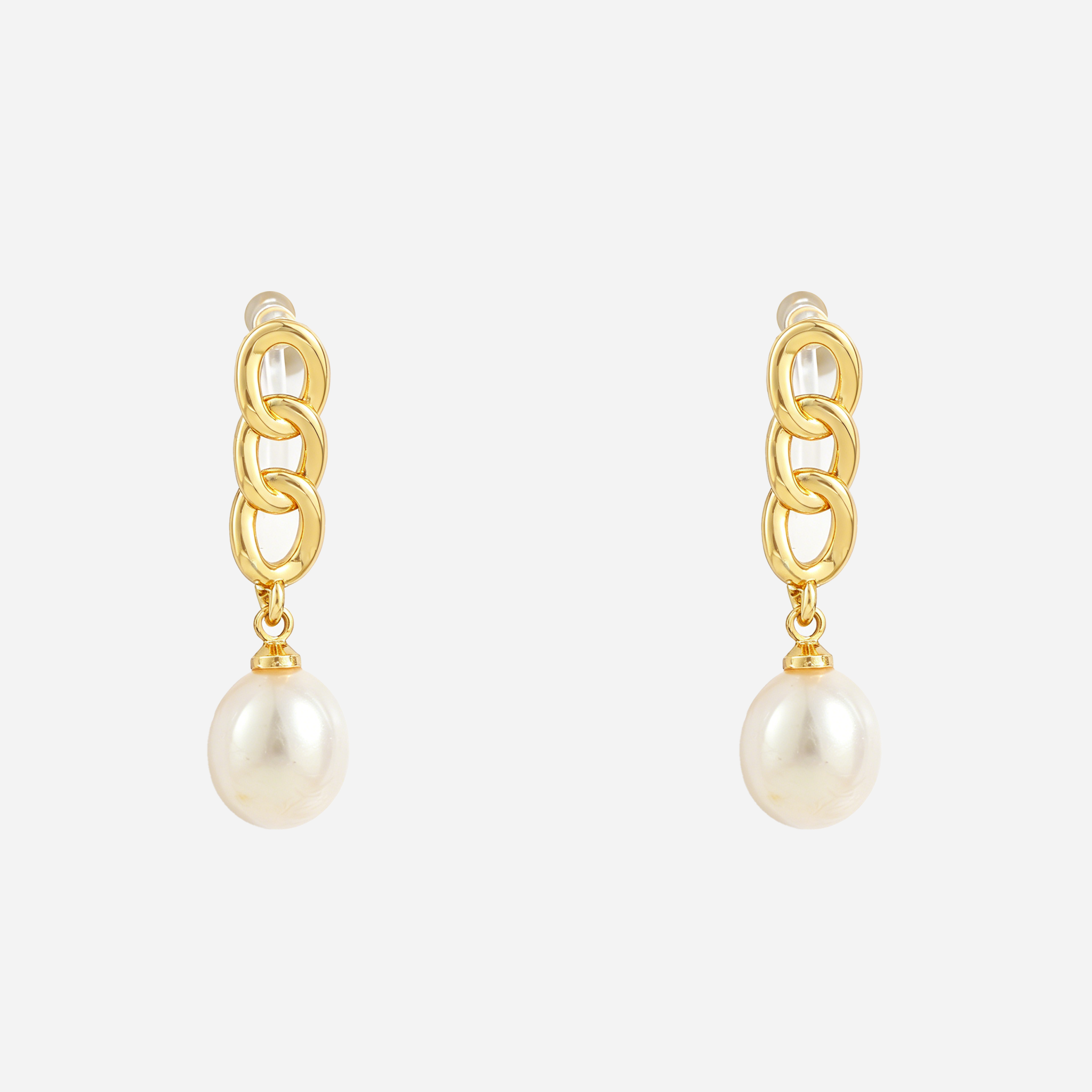 Sculpted Link Pearl Drop Clip-On Earrings in Gold front view