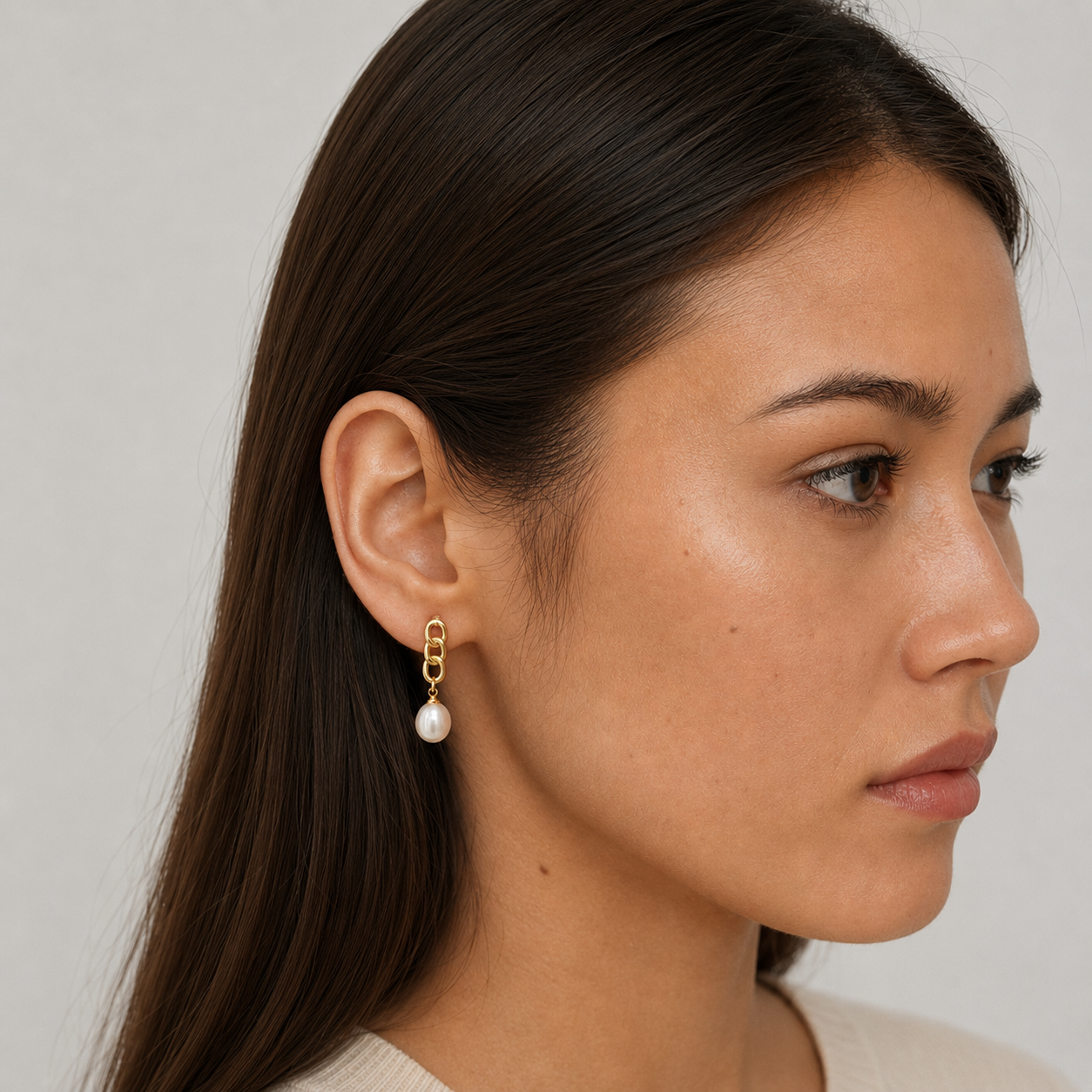 Sculpted Link Pearl Drop Clip-On Earrings in Gold worn on model