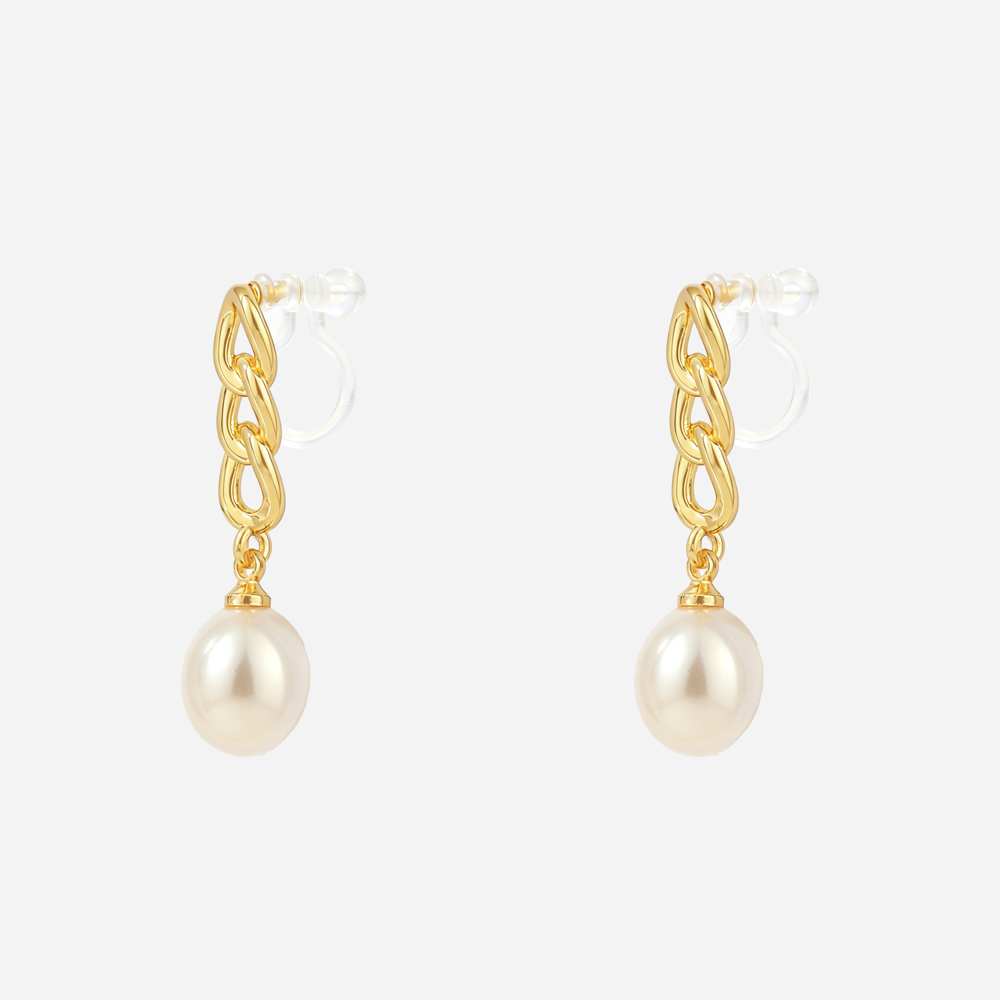 Sculpted Link Pearl Drop Clip-On Earrings in Gold side view