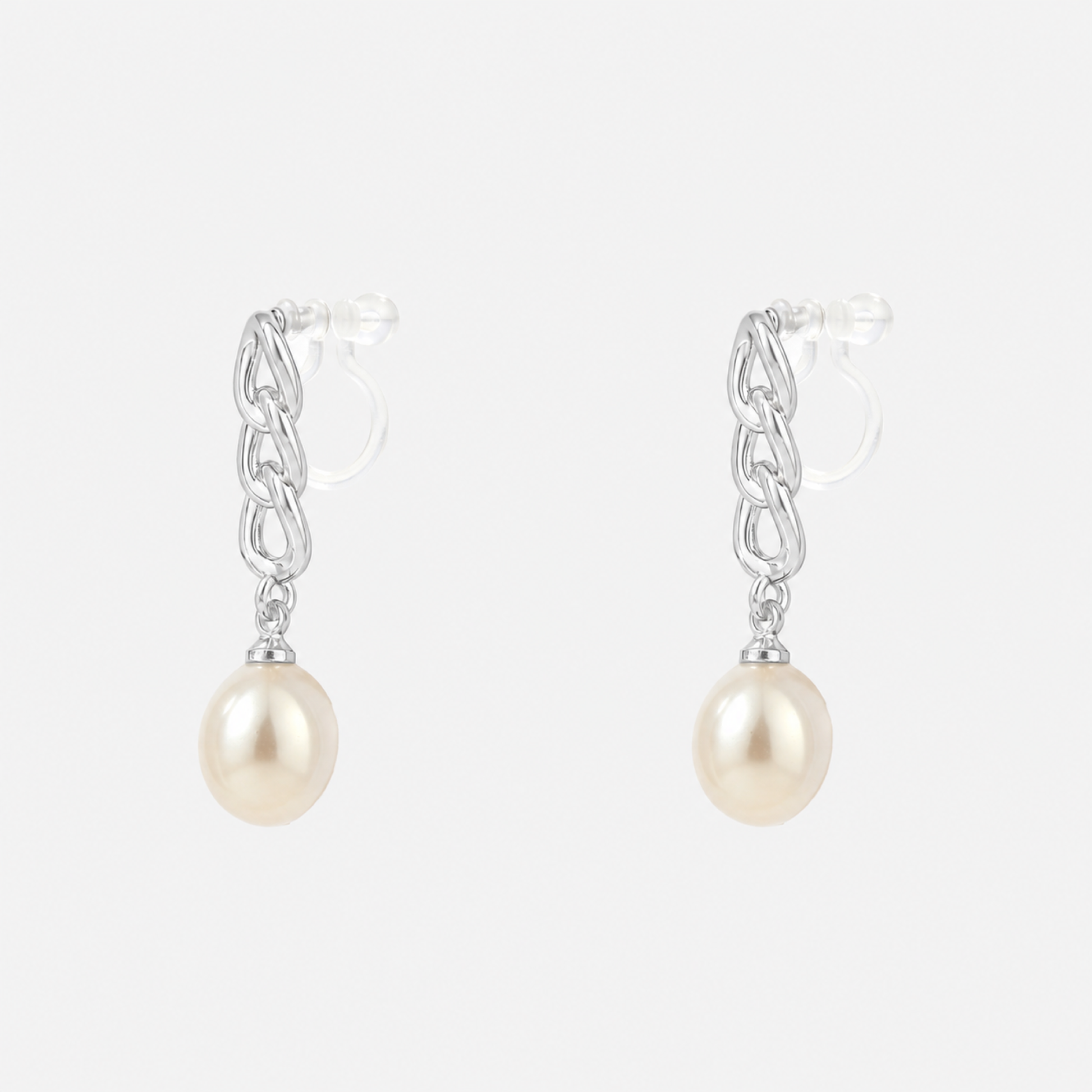 Sculpted Link Pearl Drop Clip-On Earrings in Silver product view